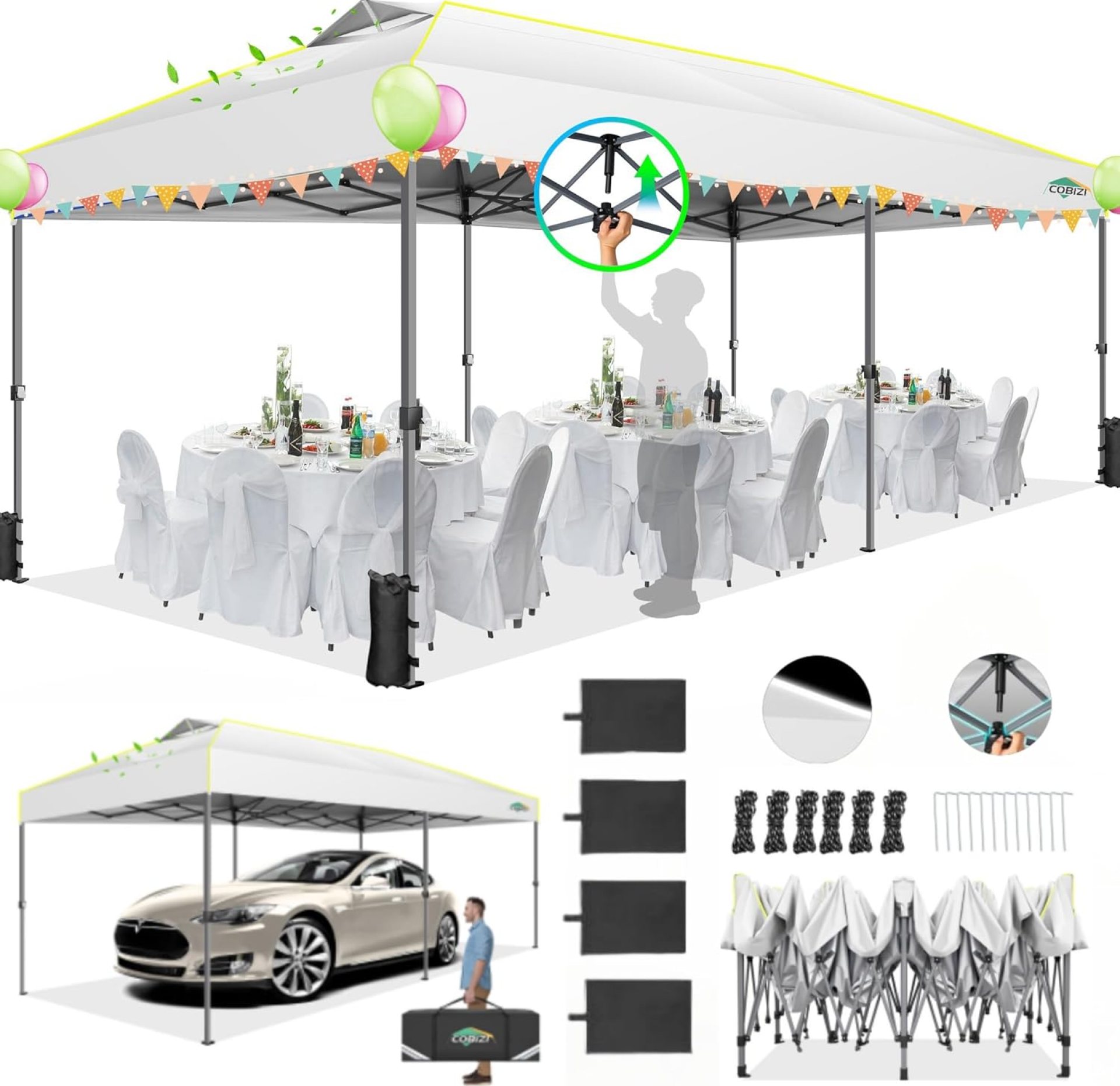 COBIZI 10×20 Pop Up Canopy Tent Ez Up Commercial Outdoor Canopy Wedding Party Tents with Center Lock Instant Folding Shelter with Reflective Strip, Air Vent & 4 Sandbags, (10’X20′) White COBIZI 10×20 Pop Up Canopy Tent Ez Up Commercial Outdoor Canopy Wedding Party Tents with Center Lock Instant Folding Shelter with Reflective Strip, Air Vent & 4 Sandbags, (10’X20′) White