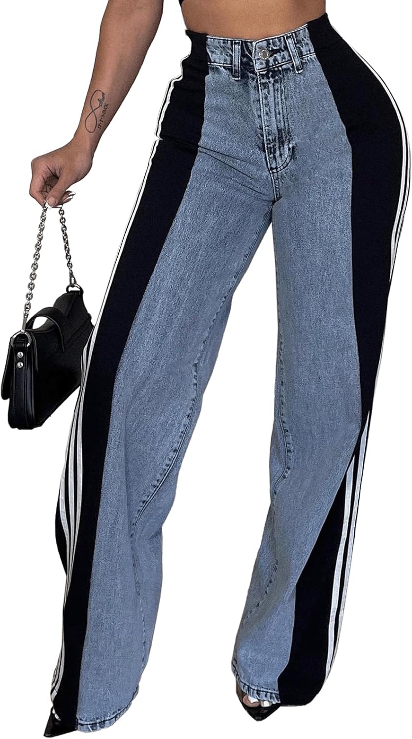 Angsuttc Womens Jeans with Patchwork Stripes High Waisted Stretchy Denim Color Block Straight Wide Leg Trendy Jean Angsuttc Womens Jeans with Patchwork Stripes High Waisted Stretchy Denim Color Block Straight Wide Leg Trendy Jean