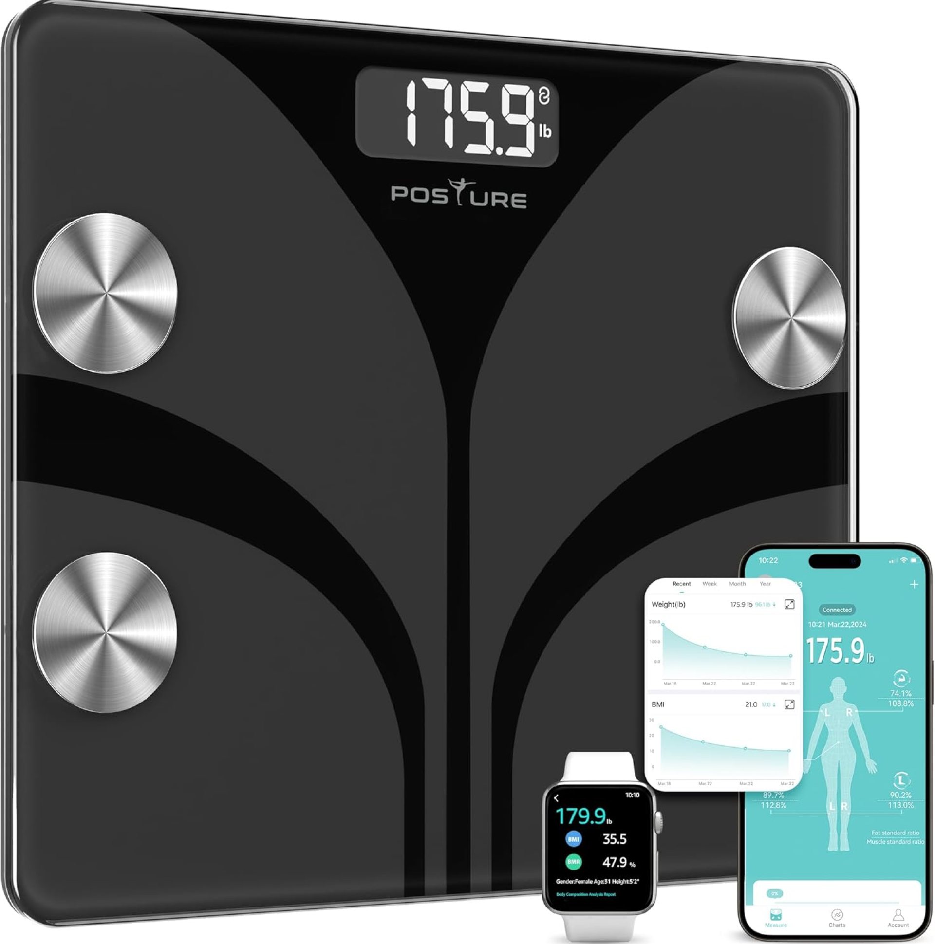 Posture Scale for Body Weight, Digital Bathroom Smart Scale LCD Display, 13 Body Composition Analyzer Sync Weight Scale BMl Health Monitor Sync Apps 400lbs – Black Posture Scale for Body Weight, Digital Bathroom Smart Scale LCD Display, 13 Body Composition Analyzer Sync Weight Scale BMl Health Monitor Sync Apps 400lbs – Black