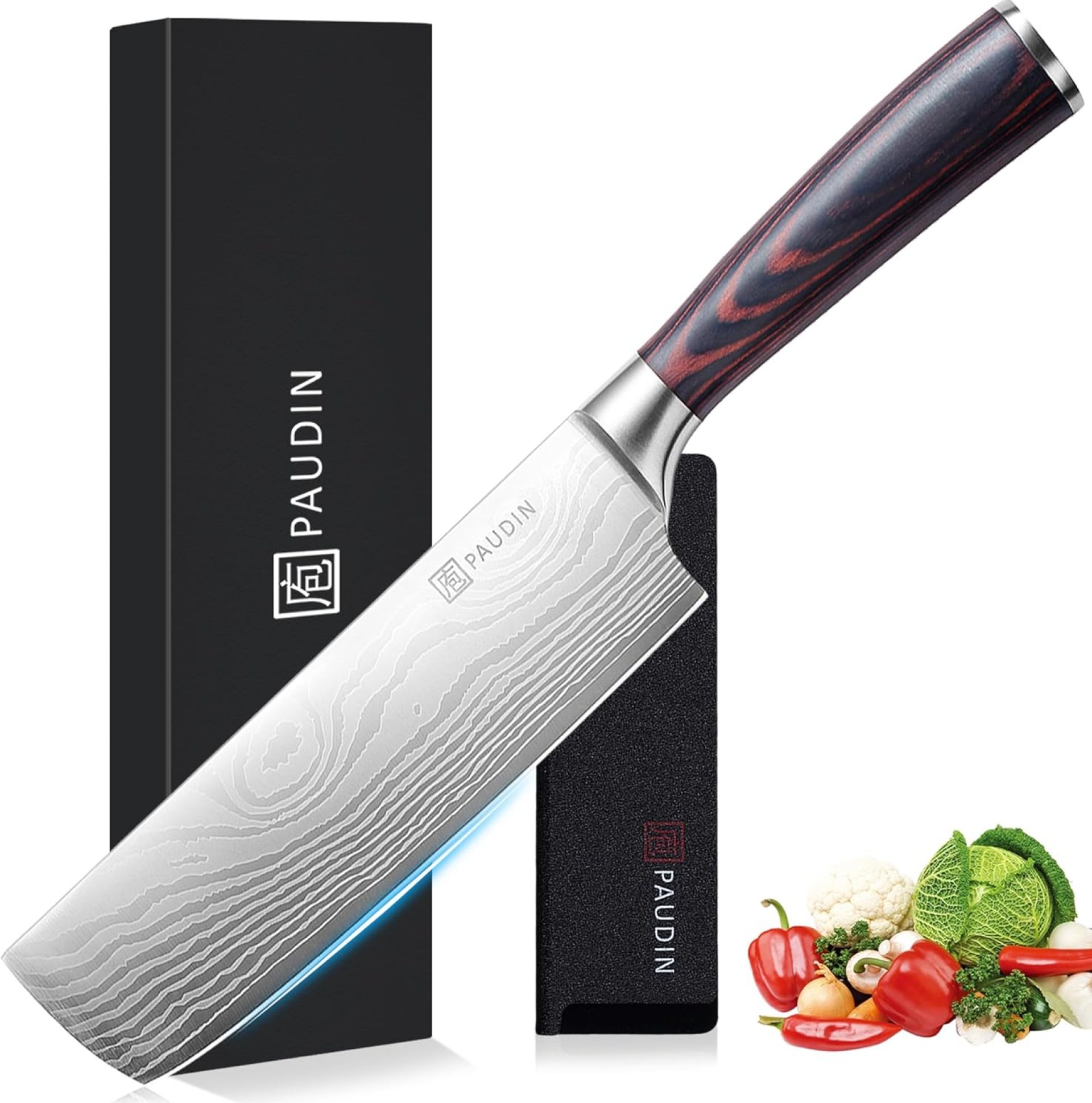PAUDIN Nakiri Knife – 7″ Razor Sharp Meat Cleaver and Vegetable Kitchen Knife, High Carbon Stainless Steel, Multipurpose Asian Chef Knife for Home and Kitchen with Ergonomic Handle PAUDIN Nakiri Knife – 7″ Razor Sharp Meat Cleaver and Vegetable Kitchen Knife, High Carbon Stainless Steel, Multipurpose Asian Chef Knife for Home and Kitchen with Ergonomic Handle