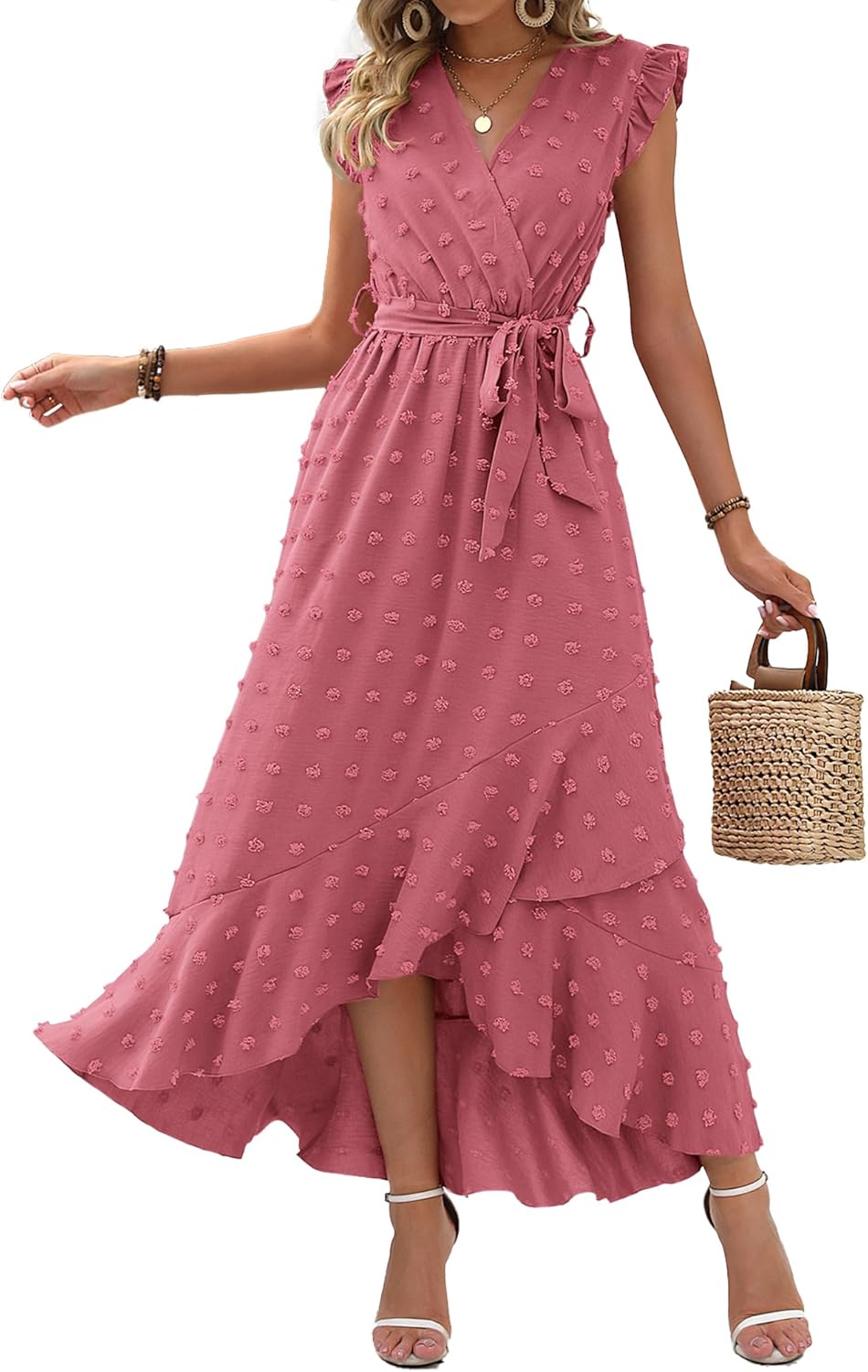 BTFBM Women V Neck Summer Dress 2025 Cap Sleeve Swiss Dot Boho Flowy Ruffle Slit Beach Party Long Maxi Cocktail Dresses BTFBM Women V Neck Summer Dress 2025 Cap Sleeve Swiss Dot Boho Flowy Ruffle Slit Beach Party Long Maxi Cocktail Dresses