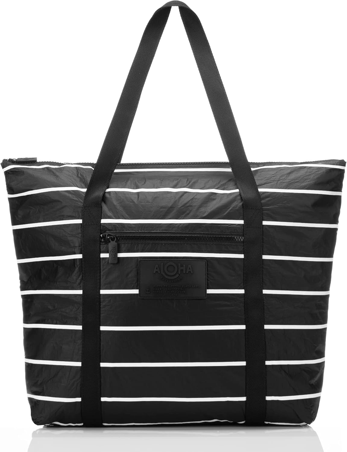 ALOHA Collection Pinstripe Zipper Tote in White on Black | Lightweight, Packable, and Splash-Proof Beach Tote Bag | Easy to Clean ALOHA Collection Pinstripe Zipper Tote in White on Black | Lightweight, Packable, and Splash-Proof Beach Tote Bag | Easy to Clean