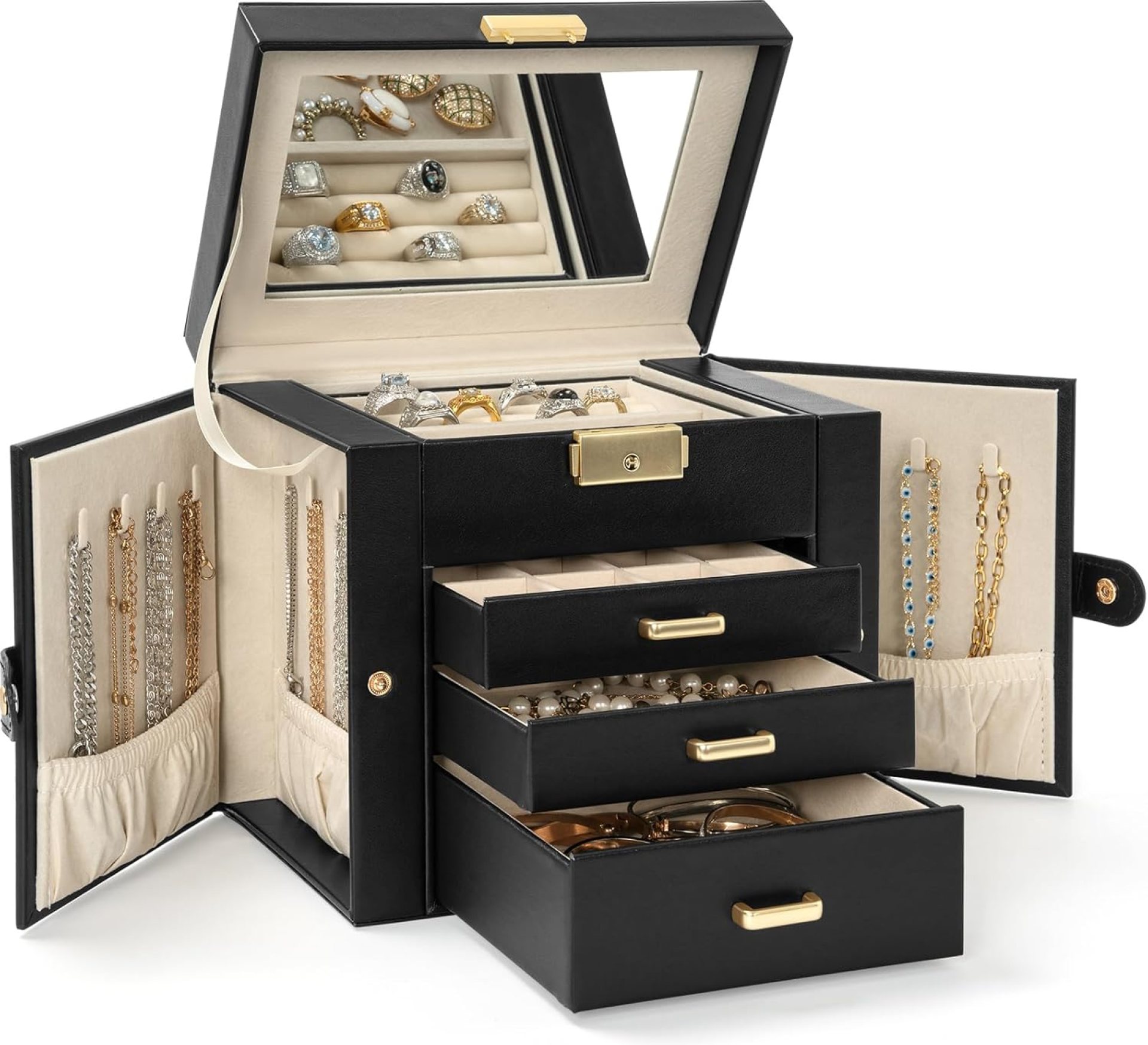 AKOZLIN 4-Tier Jewelry Box Leather Jewelry Storage Organizer with 3 Drawers Lockable for Women Girls Ring Necklace Earring Bracelet Watches Holder with Mirror Black AKOZLIN 4-Tier Jewelry Box Leather Jewelry Storage Organizer with 3 Drawers Lockable for Women Girls Ring Necklace Earring Bracelet Watches Holder with Mirror Black