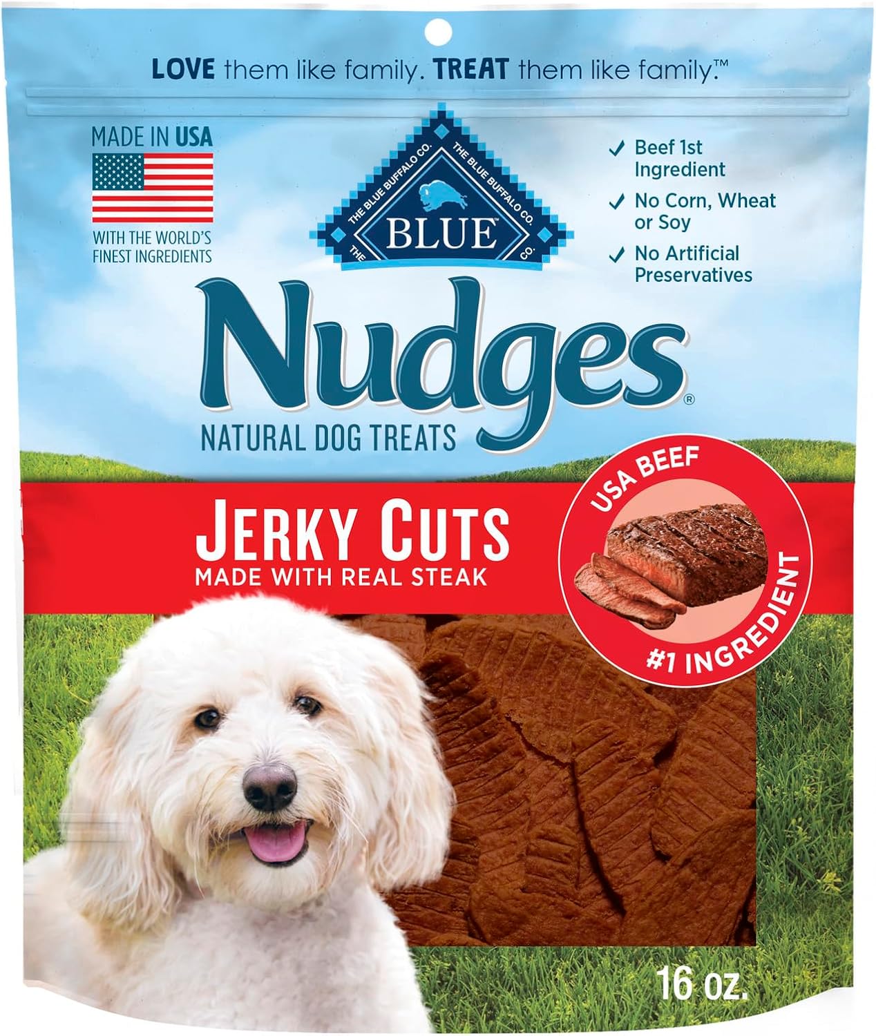 Blue Buffalo Nudges Jerky Cuts Dog Treats, Made in the USA with Natural Ingredients, Steak, 16-oz Bag Blue Buffalo Nudges Jerky Cuts Dog Treats, Made in the USA with Natural Ingredients, Steak, 16-oz Bag