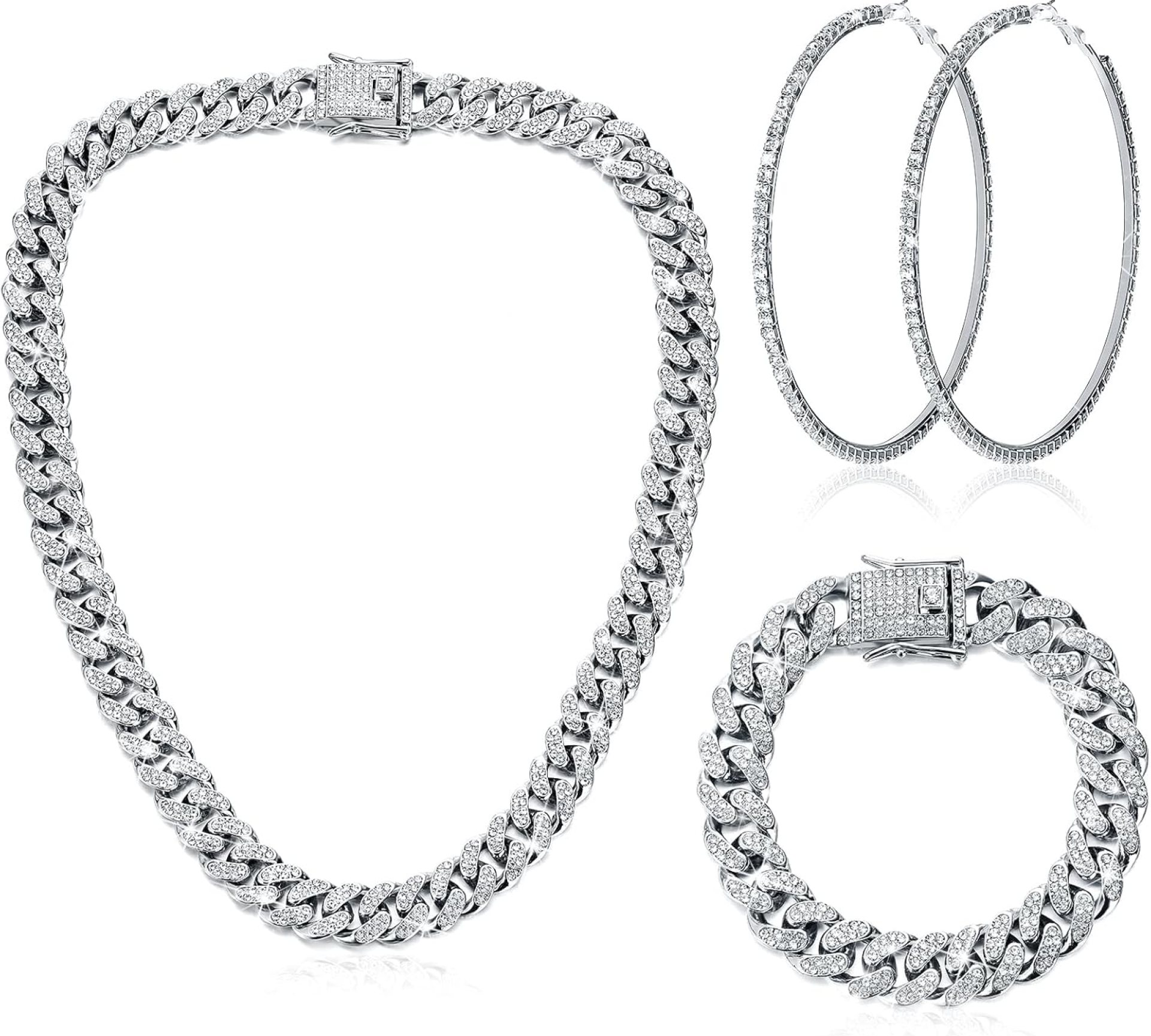 Batiyeer Cuban Link Chain Necklace Bracelet Rhinestone Earrings Bling Necklace Bracelet Crystal Big Circle Earring for Women Batiyeer Cuban Link Chain Necklace Bracelet Rhinestone Earrings Bling Necklace Bracelet Crystal Big Circle Earring for Women