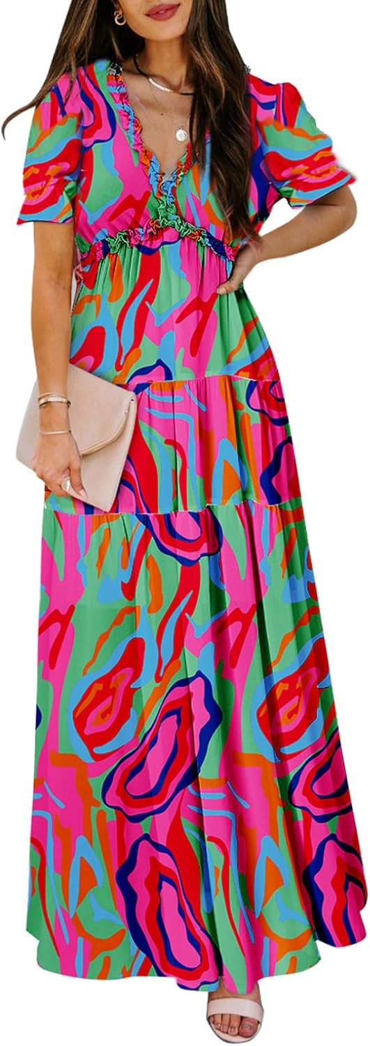BLENCOT Womens Casual Boho Floral Printed V Neck Short Sleeve Long Evening Dress Ruched Cocktail Party Maxi Wedding Dress BLENCOT Womens Casual Boho Floral Printed V Neck Short Sleeve Long Evening Dress Ruched Cocktail Party Maxi Wedding Dress