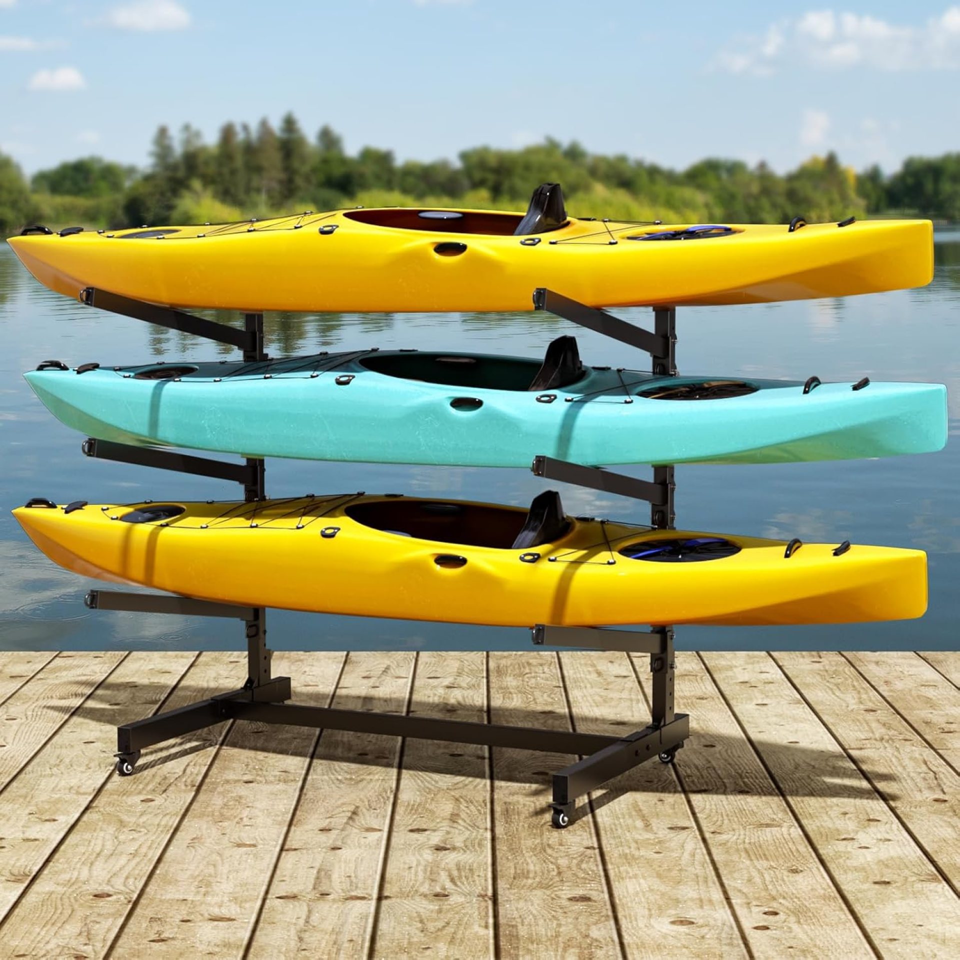 Heavy Duty Freestanding Kayak Storage Rack, Adjustable Metal Stand for Kayaks, Canoes, SUPs, Paddleboards & Surfboards with Lockable Wheels, Indoor & Outdoor Use Heavy Duty Freestanding Kayak Storage Rack, Adjustable Metal Stand for Kayaks, Canoes, SUPs, Paddleboards & Surfboards with Lockable Wheels, Indoor & Outdoor Use