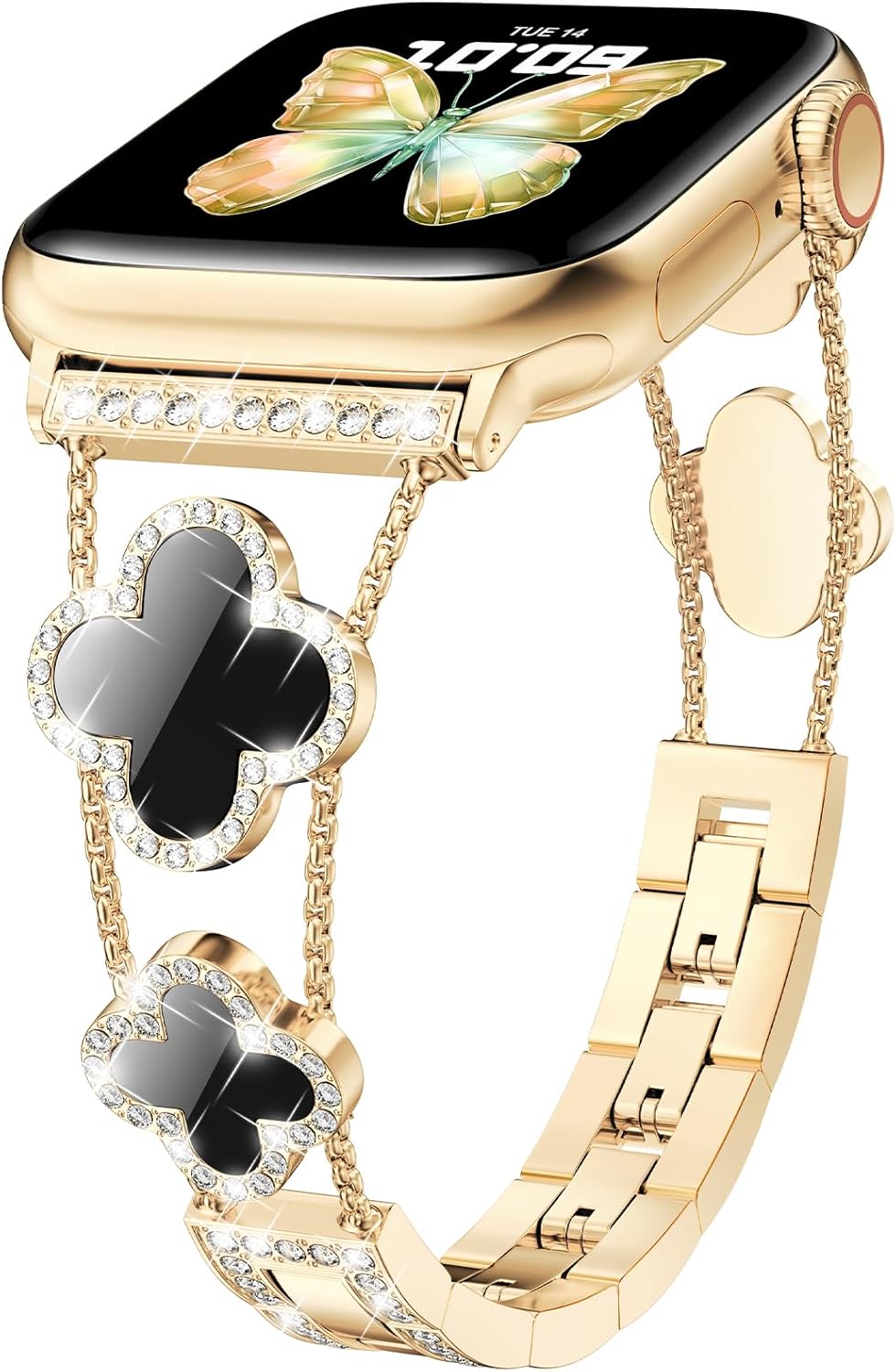 CTYBB Bling Diamond Band Compatible with Apple Watch Bands for Women 40mm 41mm 38mm 42mm Series 10 9 8 7 6 5 4 3 2 1 SE, Sparkle Metal Bracelet Wristband, Cute Lucky Clover Dressy iWatch Band,Gold/Black CTYBB Bling Diamond Band Compatible with Apple Watch Bands for Women 40mm 41mm 38mm 42mm Series 10 9 8 7 6 5 4 3 2 1 SE, Sparkle Metal Bracelet Wristband, Cute Lucky Clover Dressy iWatch Band,Gold/Black