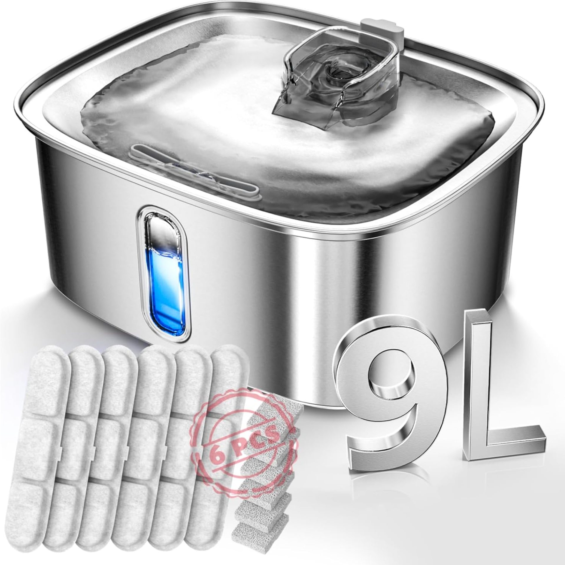 Dog Water Fountain for Large Dogs, 9L/2.4Gal Stainless Steel Dog Fountain with Water Level Window & Filtration, Automatic Pet Water Bowl Dispenser Indoor, Super Quiet (with 6 Filters) Dog Water Fountain for Large Dogs, 9L/2.4Gal Stainless Steel Dog Fountain with Water Level Window & Filtration, Automatic Pet Water Bowl Dispenser Indoor, Super Quiet (with 6 Filters)