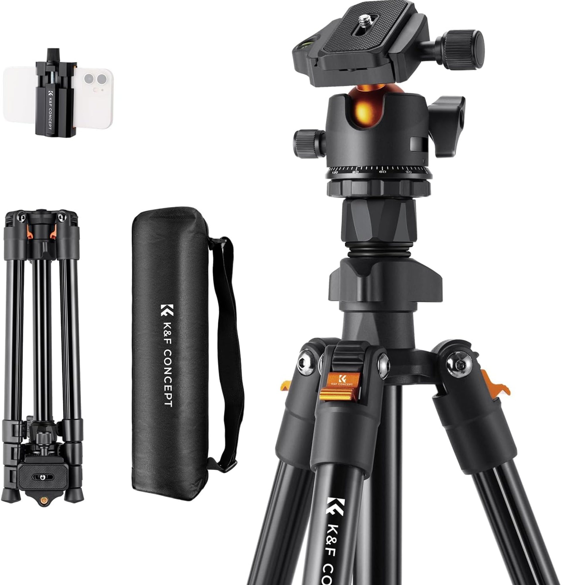 K&F Concept 64 inch/163cm Camera Tripod,Lightweight Travel Outdoor DSLR Tripods with 360 Degree Ball Head Load Capacity 8kg/17.6lbs,Cellphone Clip for Smartphone Live Streaming Vlog K234A0+BH-28L K&F Concept 64 inch/163cm Camera Tripod,Lightweight Travel Outdoor DSLR Tripods with 360 Degree Ball Head Load Capacity 8kg/17.6lbs,Cellphone Clip for Smartphone Live Streaming Vlog K234A0+BH-28L