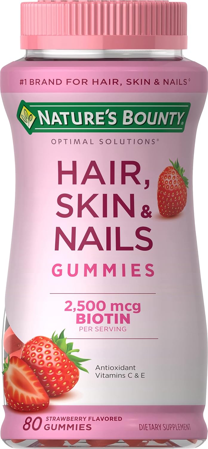Nature’s Bounty Optimal Solutions Hair, Skin & Nails Vitamin Gummies with Biotin, 2500 mcg, Strawberry, 80 Count Nature’s Bounty Optimal Solutions Hair, Skin & Nails Vitamin Gummies with Biotin, 2500 mcg, Strawberry, 80 Count