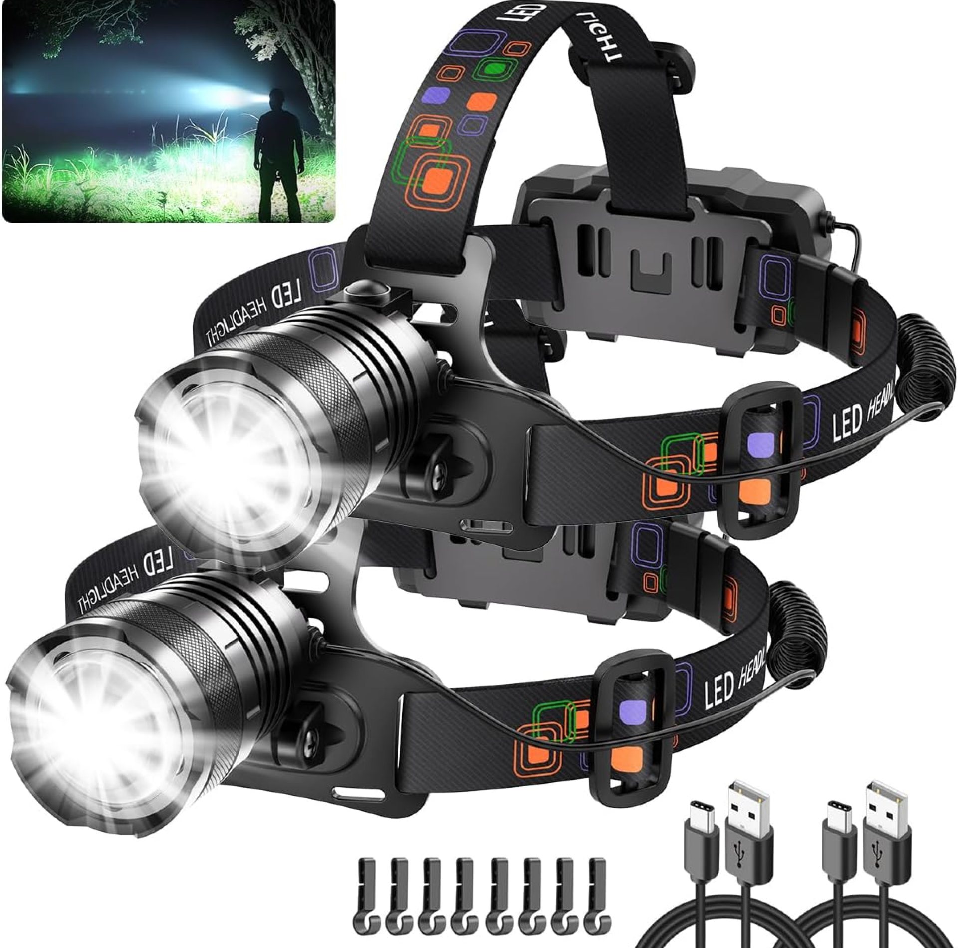 KYEKIO Rechargeable Headlamp 2Pack, Super Bright Head Lamp, Adjustable Focus LED Headlamp, 90°Angle Head Lights for Forehead, 4Mode Headlight, Headlamps for Adults Hard Hat Camping Essentials Gear KYEKIO Rechargeable Headlamp 2Pack, Super Bright Head Lamp, Adjustable Focus LED Headlamp, 90°Angle Head Lights for Forehead, 4Mode Headlight, Headlamps for Adults Hard Hat Camping Essentials Gear