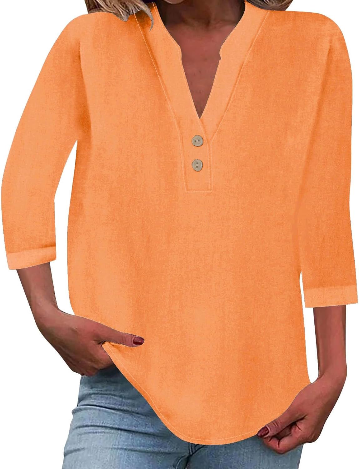 3/4 Sleeve Linen Tops for Women 2024 Loose Fit V Neck Button Down Henley Shirts Cute Solid Summer Beach Tee Shirts 3/4 Sleeve Linen Tops for Women 2024 Loose Fit V Neck Button Down Henley Shirts Cute Solid Summer Beach Tee Shirts