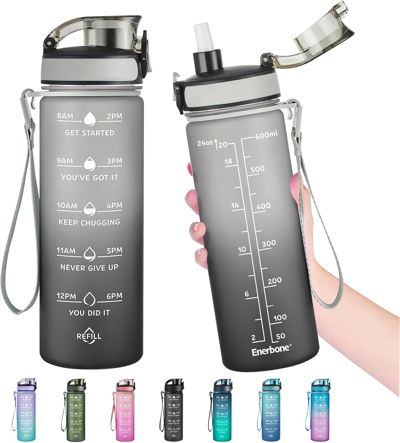 Enerbone Water Bottle, Leakproof BPA & Toxic Free, Motivational Water Bottle with Times to Drink and Straw, Fitness Sports Water Bottle with Strap for Office, Gym, Outdoor Sports Enerbone Water Bottle, Leakproof BPA & Toxic Free, Motivational Water Bottle with Times to Drink and Straw, Fitness Sports Water Bottle with Strap for Office, Gym, Outdoor Sports