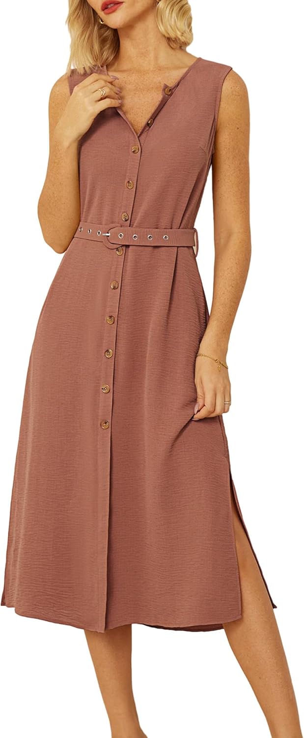 GRACE KARIN Women Casual Summer Dress 2025 Business Work Belted Sleeveless Button Down Shirt Midi Dresses with Pockets GRACE KARIN Women Casual Summer Dress 2025 Business Work Belted Sleeveless Button Down Shirt Midi Dresses with Pockets