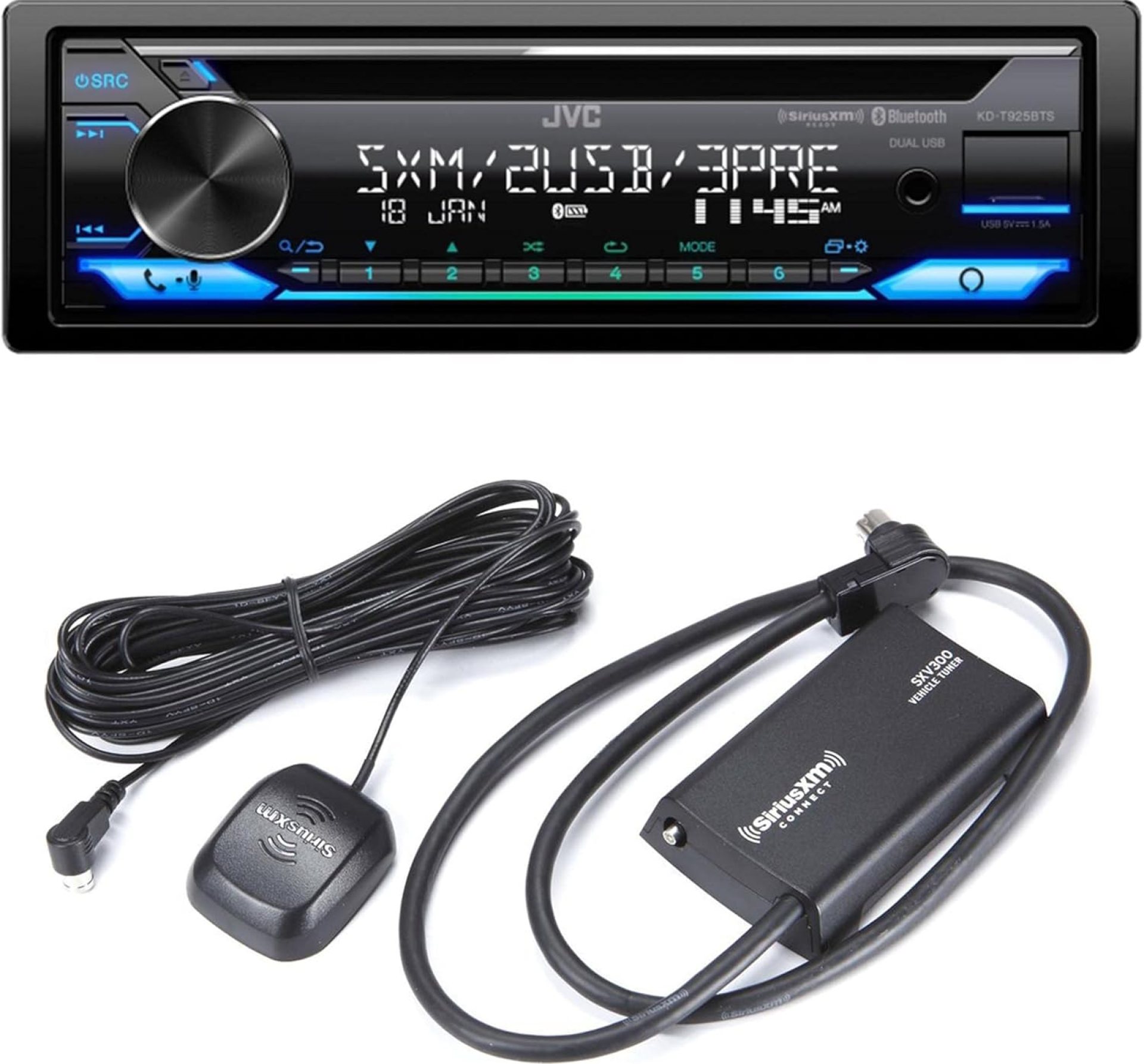 JVC KD-T925BTS CD Receiver Featuring Bluetooth®, Front & Rear Dual USB, Sirius XM, Amazon Alexa, 13-Band EQ, Variable-Color Illumination, with SXV300v1 Satellite Radio Tuner JVC KD-T925BTS CD Receiver Featuring Bluetooth®, Front & Rear Dual USB, Sirius XM, Amazon Alexa, 13-Band EQ, Variable-Color Illumination, with SXV300v1 Satellite Radio Tuner