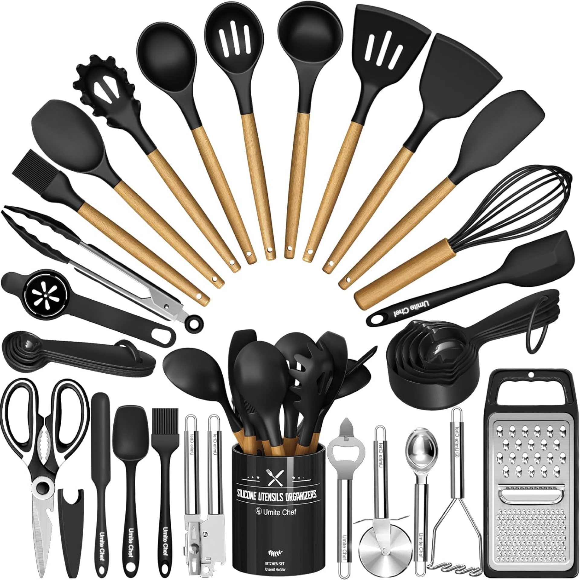 Kitchen Utensils Set- 34PCS Silicone Cooking Utensils with Holder, Umite Chef Heat Resistant Kitchen Utensil Spatula Set for Nonstick Cookware, Black Wooden Handles Kitchen Gadgets Tools Set Kitchen Utensils Set- 34PCS Silicone Cooking Utensils with Holder, Umite Chef Heat Resistant Kitchen Utensil Spatula Set for Nonstick Cookware, Black Wooden Handles Kitchen Gadgets Tools Set