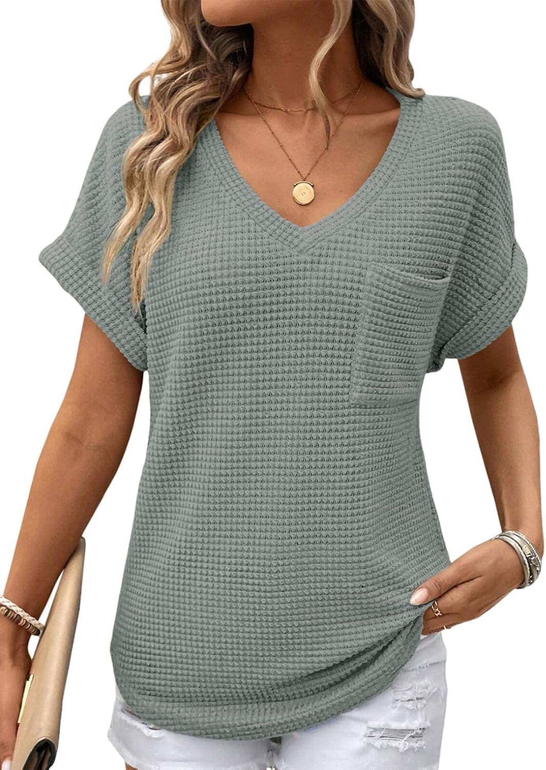 Dokotoo Womens Waffle Knit Tops 2025 Spring Summer V Neck Shirts Casual Trendy Women’s Blouses Basic Tee Dokotoo Womens Waffle Knit Tops 2025 Spring Summer V Neck Shirts Casual Trendy Women’s Blouses Basic Tee