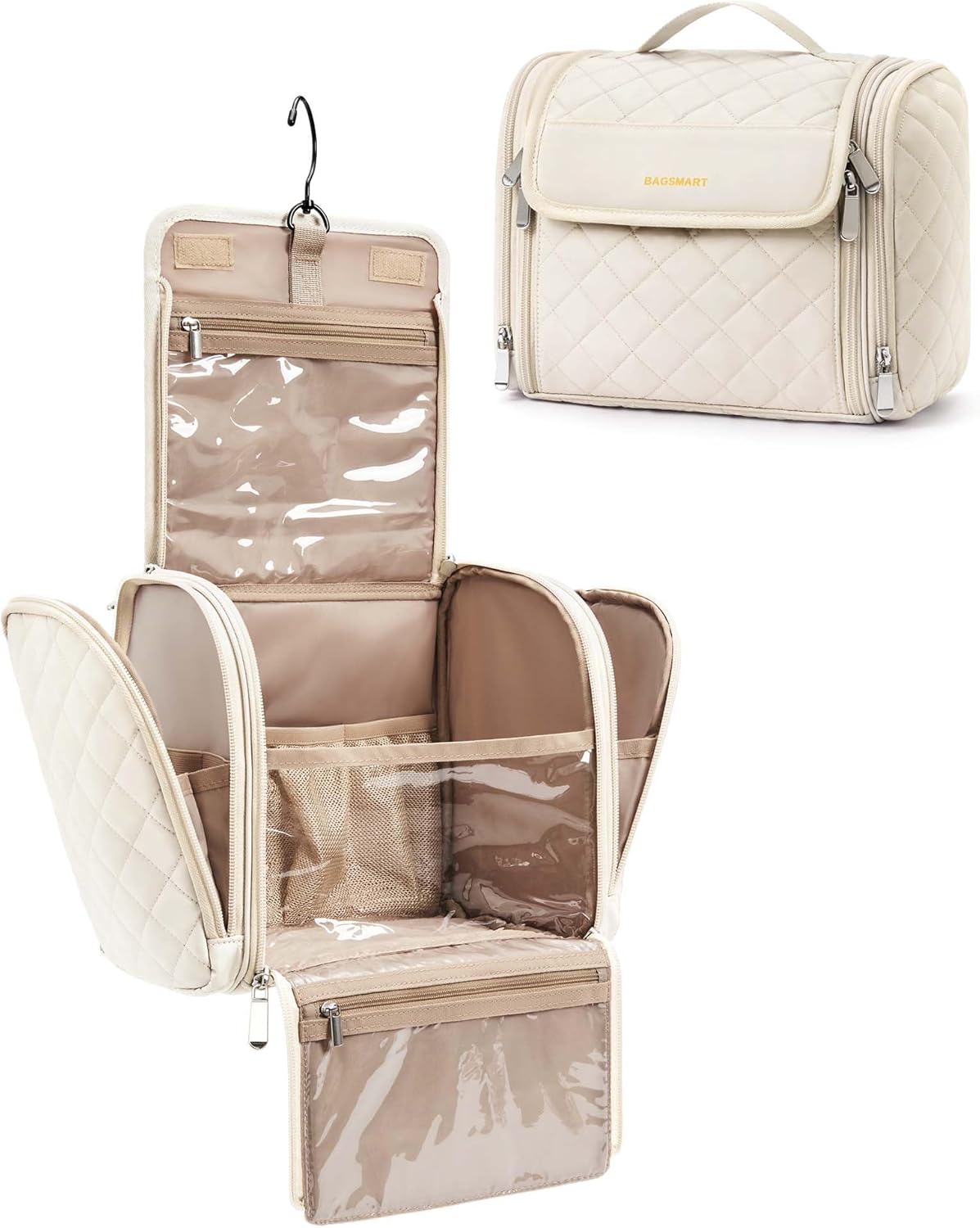 BAGSMART Toiletry Bag Travel Makeup Bag with Hanging Hook, Cosmetic Bag Make Organizer Case, Large Capacity Water-resistant Organizer for Toiletries Accessories Brushes Sponge, Beige BAGSMART Toiletry Bag Travel Makeup Bag with Hanging Hook, Cosmetic Bag Make Organizer Case, Large Capacity Water-resistant Organizer for Toiletries Accessories Brushes Sponge, Beige