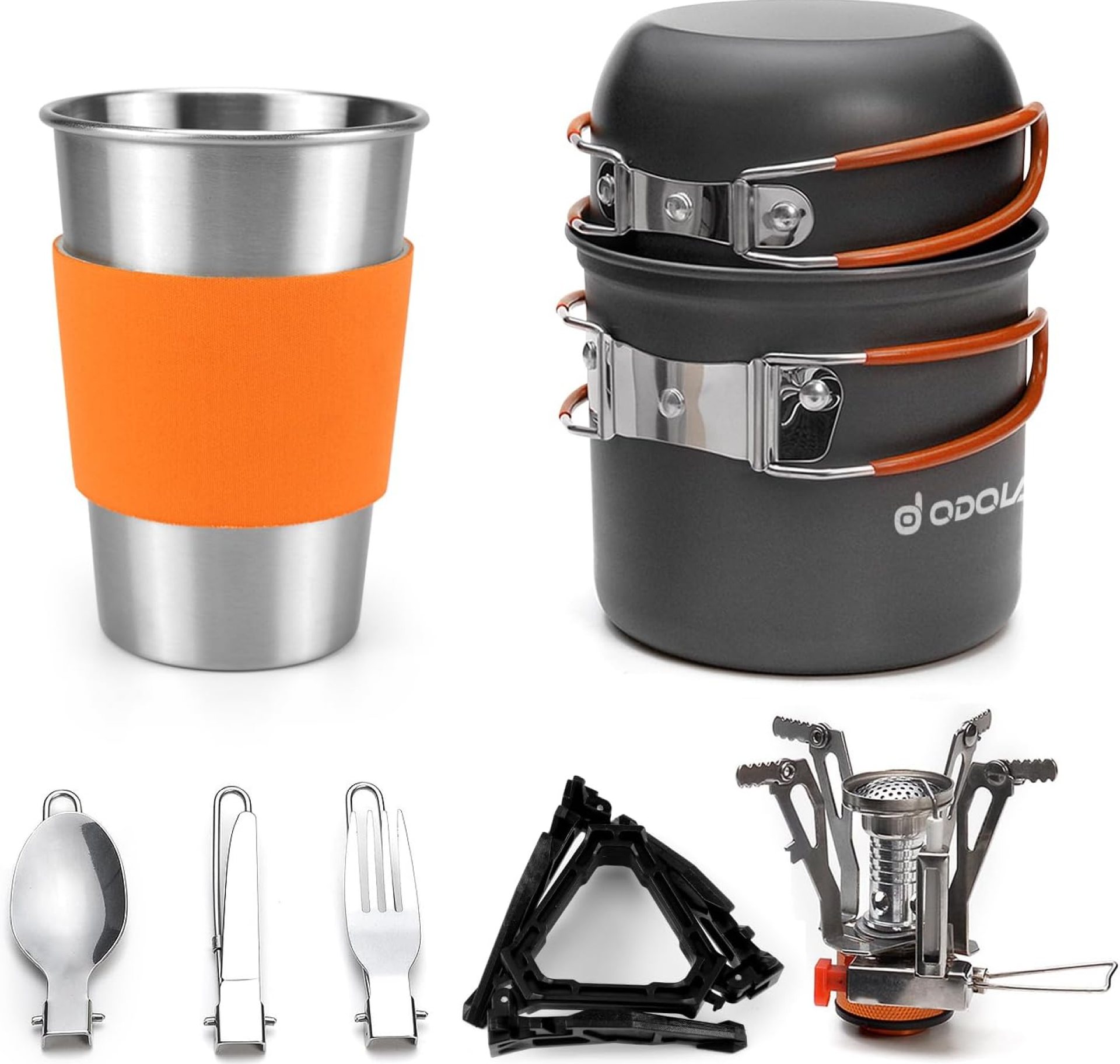Odoland Camping Cookware Stove Carabiner Canister Stand Tripod and Stainless Steel Cup, Tank Bracket, Fork Spoon Kit for Backpacking, Outdoor Camping Hiking and Picnic Odoland Camping Cookware Stove Carabiner Canister Stand Tripod and Stainless Steel Cup, Tank Bracket, Fork Spoon Kit for Backpacking, Outdoor Camping Hiking and Picnic