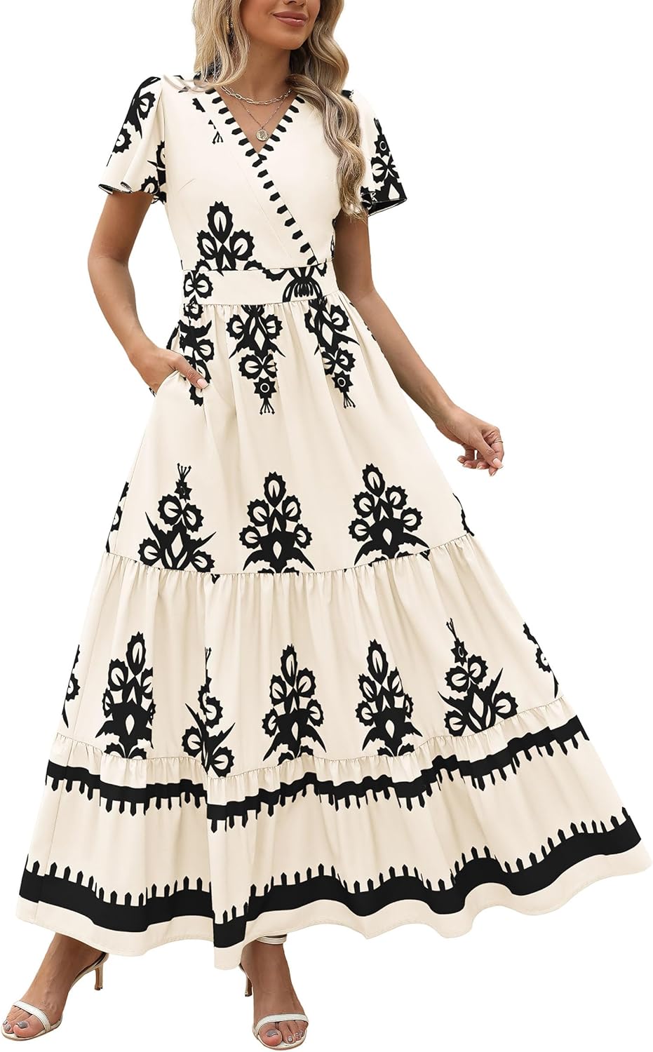 PRETTYGARDEN Womens 2025 Summer Casual V Neck Boho Maxi Dress Flowy Aline Bell Sleeve Tiered Floral Dresses with Pocket PRETTYGARDEN Womens 2025 Summer Casual V Neck Boho Maxi Dress Flowy Aline Bell Sleeve Tiered Floral Dresses with Pocket