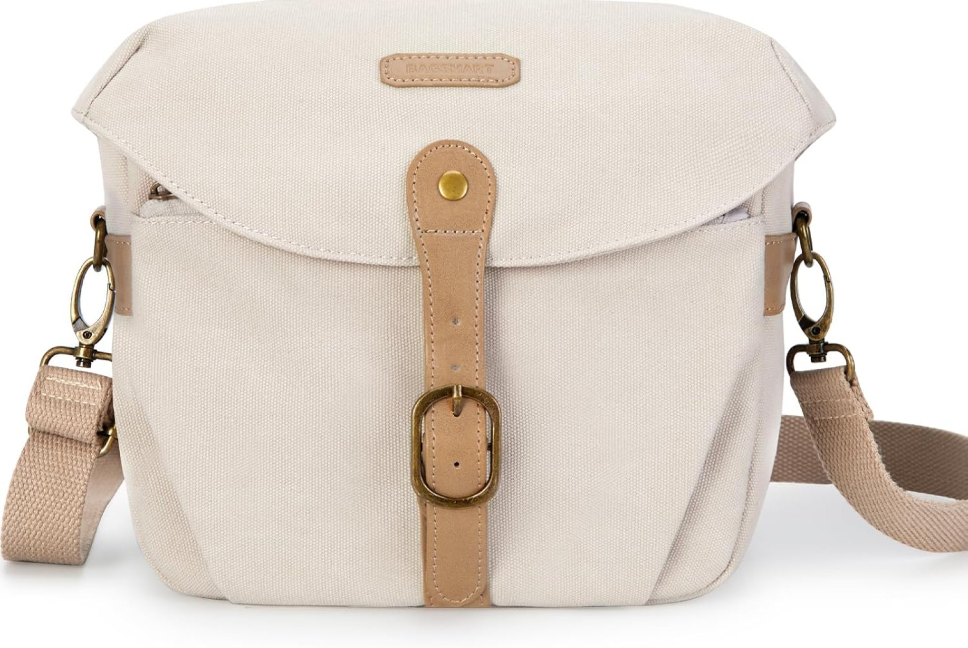 BAGSMART Camera Bag, SLR DSLR Canvas Crossbody Camera Case, Compact Camera Shoulder Bag with Rain Cover for Women and Men, Ivory White BAGSMART Camera Bag, SLR DSLR Canvas Crossbody Camera Case, Compact Camera Shoulder Bag with Rain Cover for Women and Men, Ivory White