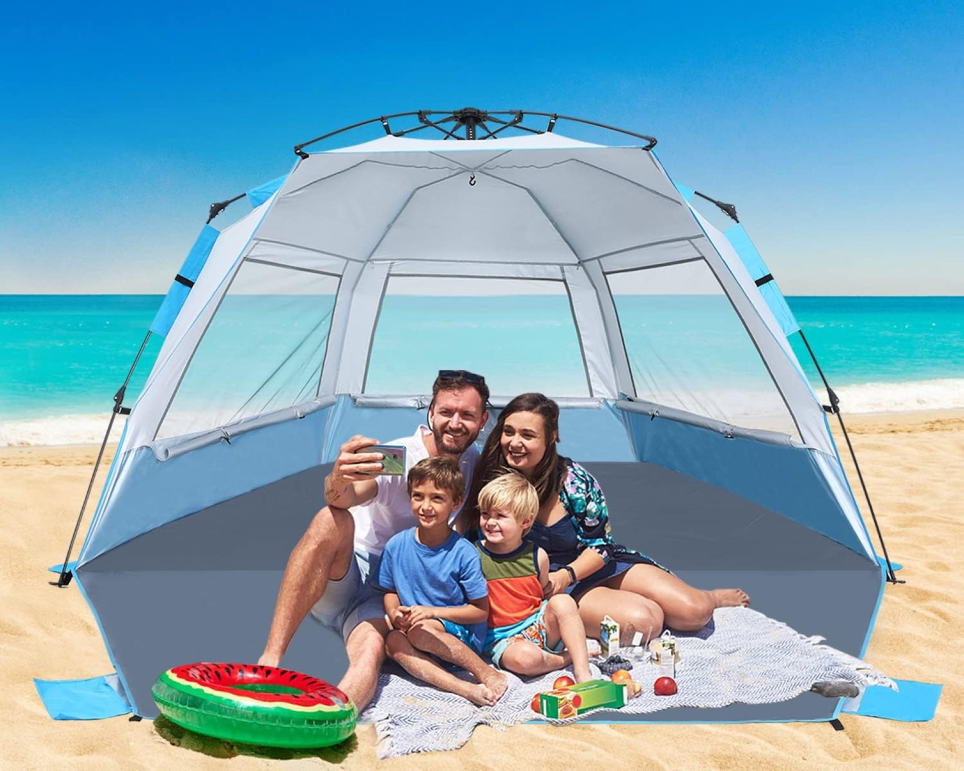Beach Tent Instant Pop up Sun Shade Shelter for 4-6 Person with UV Protection,Extended Floor,3 Mesh Roll Up Windows with Carry Bag, Sandbags, Stakes(Sky Blue) Beach Tent Instant Pop up Sun Shade Shelter for 4-6 Person with UV Protection,Extended Floor,3 Mesh Roll Up Windows with Carry Bag, Sandbags, Stakes(Sky Blue)