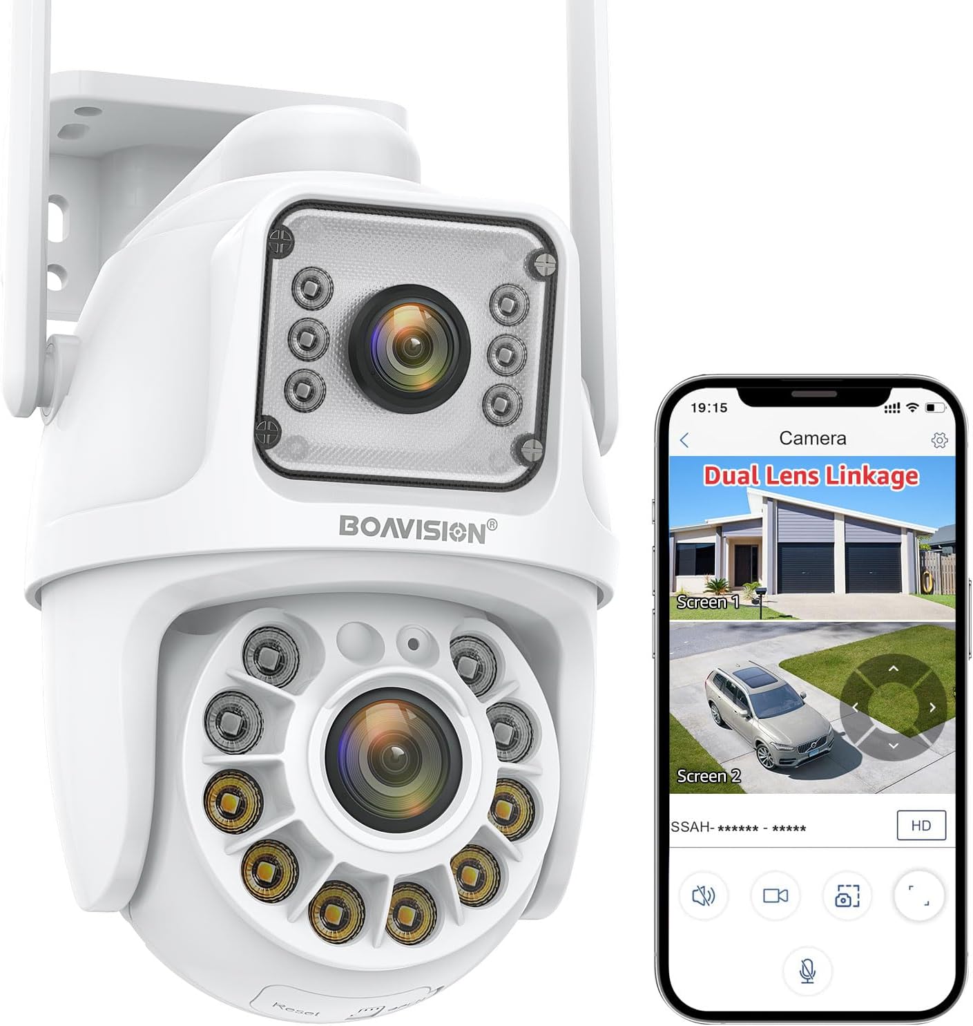 BOAVISION Dual Lens Linkage Security Camera Outdoor,Wireless PTZ Dual Screen Camera,360° View,Auto Tracking,Human Detection,Color Night Vision,24/7 Record,Two-Way Audio BOAVISION Dual Lens Linkage Security Camera Outdoor,Wireless PTZ Dual Screen Camera,360° View,Auto Tracking,Human Detection,Color Night Vision,24/7 Record,Two-Way Audio