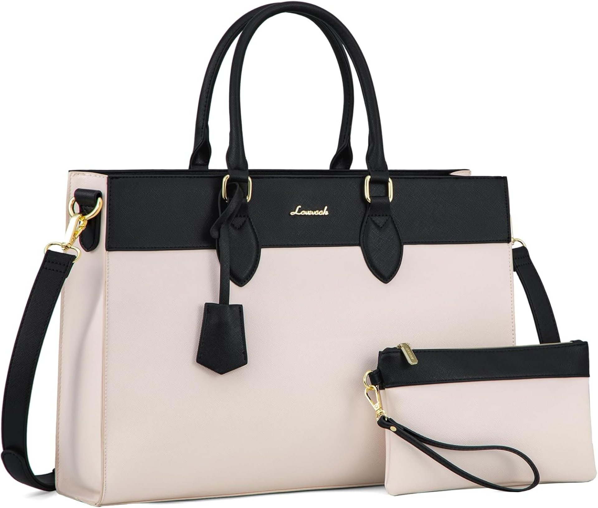 LOVEVOOK Laptop Bag for Women, 15.6 inch Laptop Tote Work Bag Purse, Large Waterproof Leather Computer Briefcase for Office, Beige-Black LOVEVOOK Laptop Bag for Women, 15.6 inch Laptop Tote Work Bag Purse, Large Waterproof Leather Computer Briefcase for Office, Beige-Black