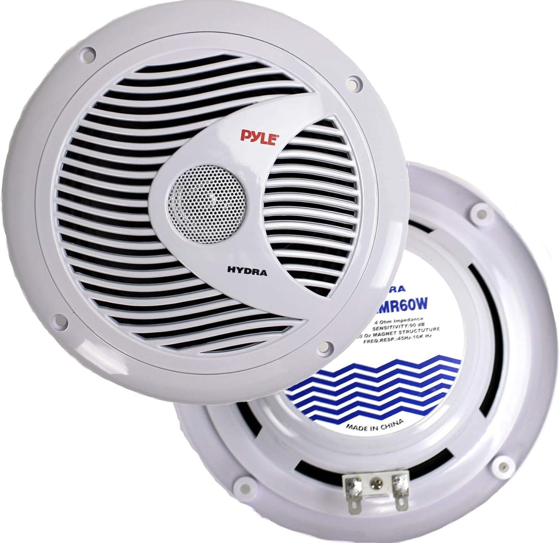 Pyle 6.5 Inch Dual Marine Speakers – 2 Way Waterproof and Weather Resistant Outdoor Audio Stereo Sound System with 150 Watt Power, Polypropylene Cone and Cloth Surround – 1 Pair – PLMR60W (White) Pyle 6.5 Inch Dual Marine Speakers – 2 Way Waterproof and Weather Resistant Outdoor Audio Stereo Sound System with 150 Watt Power, Polypropylene Cone and Cloth Surround – 1 Pair – PLMR60W (White)
