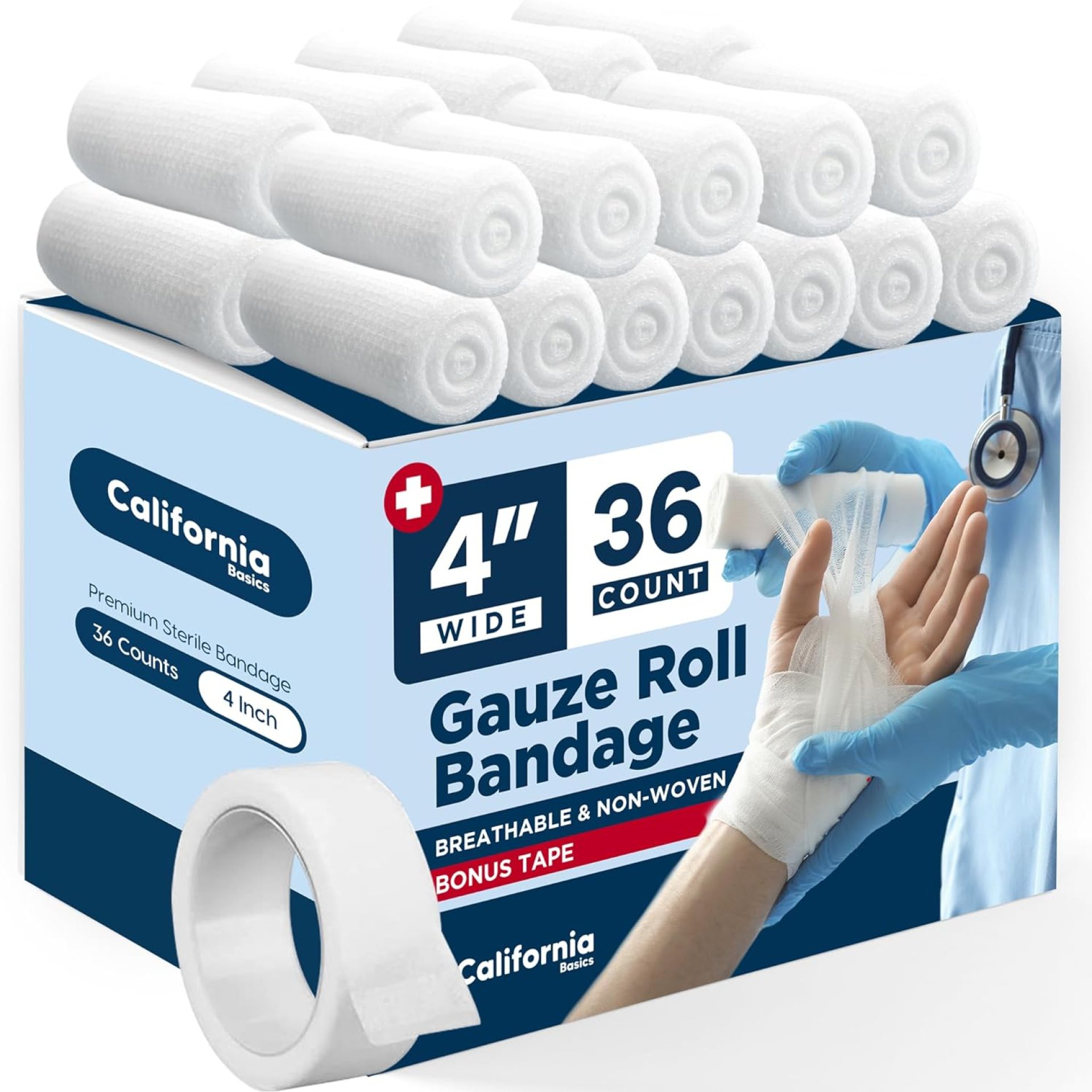 California Basics 36-Pack Gauze Bandage Roll with Tape, 4 Inches x 4 Yards – Soft, Stretchable & Breathable Wrap for Wound Care, First Aid & Medical Supplies – White California Basics 36-Pack Gauze Bandage Roll with Tape, 4 Inches x 4 Yards – Soft, Stretchable & Breathable Wrap for Wound Care, First Aid & Medical Supplies – White