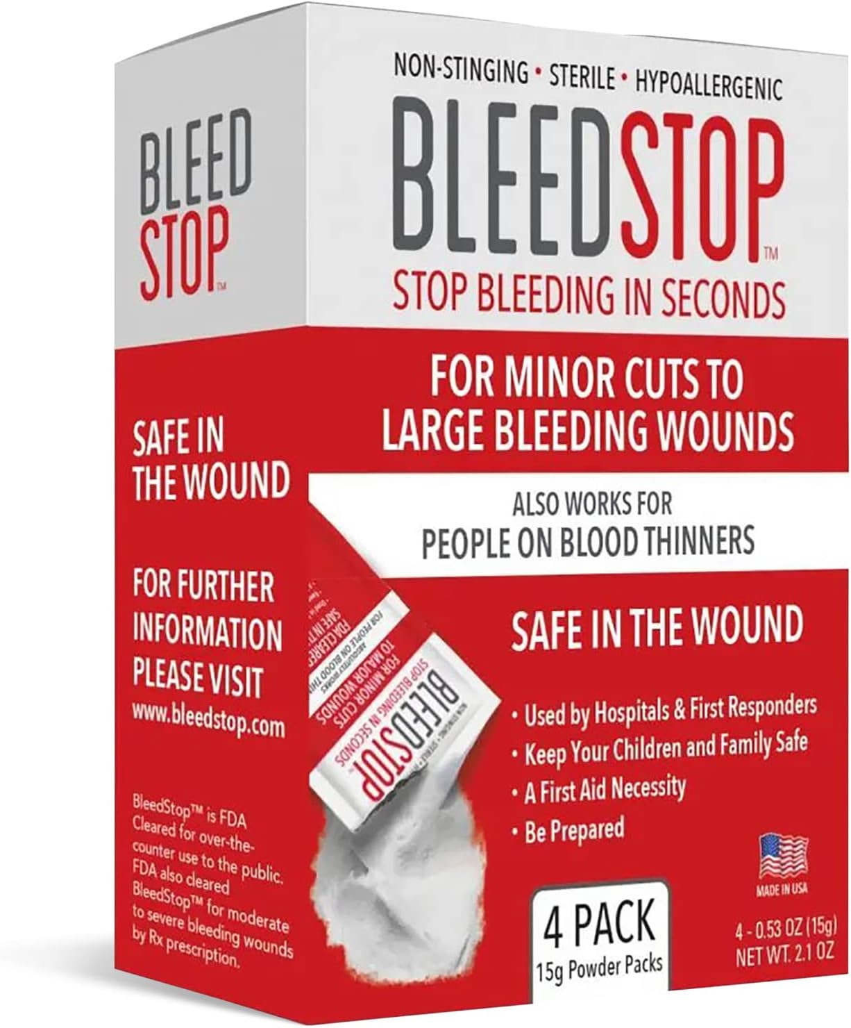 BleedStop™ First Aid Powder for Blood Clotting, Trauma Kit, Blood Thinner Patients, Camping Safety, and Survival Equipment for Moderate to Severe Bleeding Wounds or Nosebleeds – 4 (15g) Pouches BleedStop™ First Aid Powder for Blood Clotting, Trauma Kit, Blood Thinner Patients, Camping Safety, and Survival Equipment for Moderate to Severe Bleeding Wounds or Nosebleeds – 4 (15g) Pouches