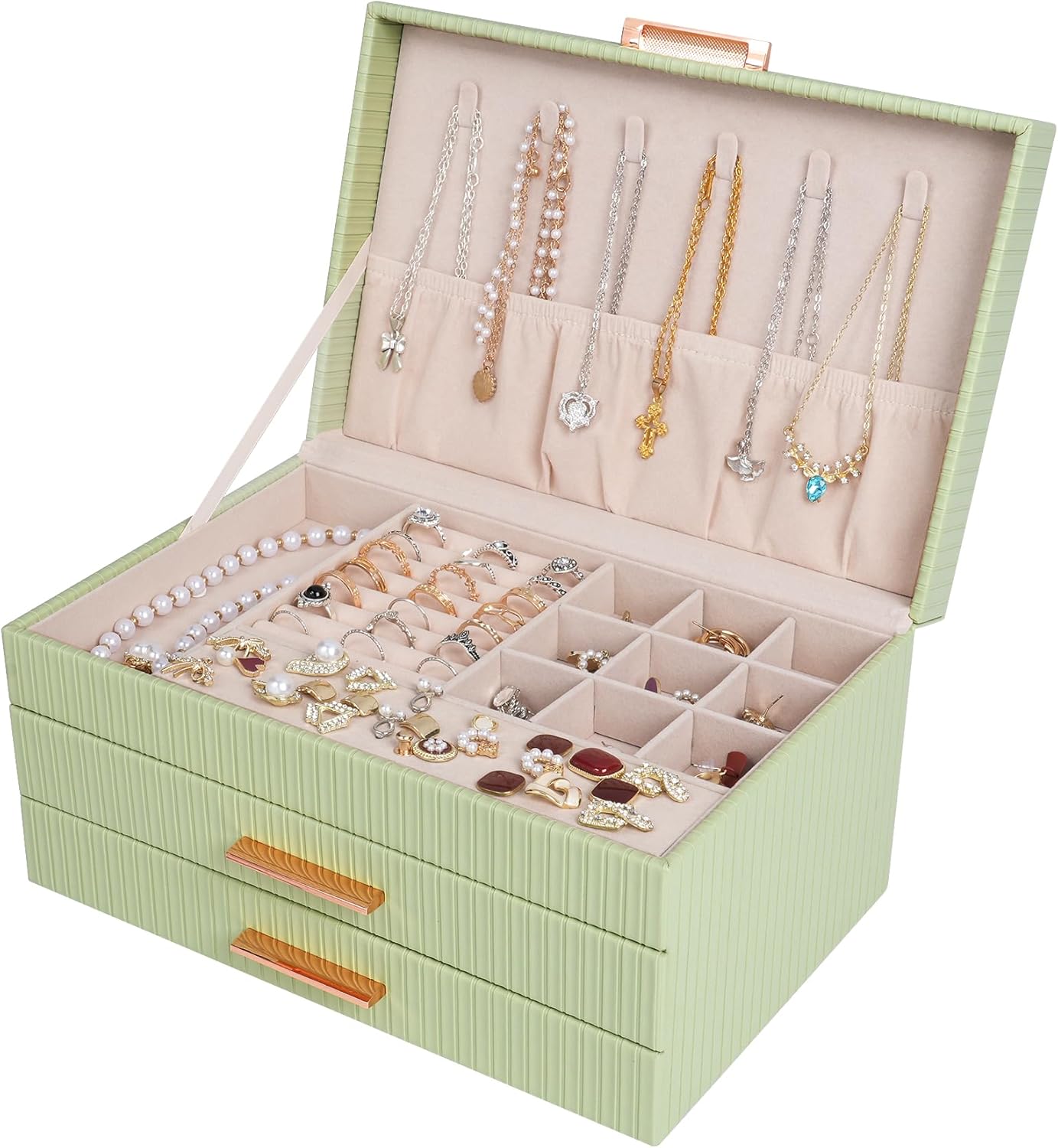 Dajasan Jewelry Organizer Box, Jewellery Boxes for Women, 3-Tier Jewelry Storage Organizer for Earring, Ring, Necklace, Bracelets (Avocado Green) Dajasan Jewelry Organizer Box, Jewellery Boxes for Women, 3-Tier Jewelry Storage Organizer for Earring, Ring, Necklace, Bracelets (Avocado Green)