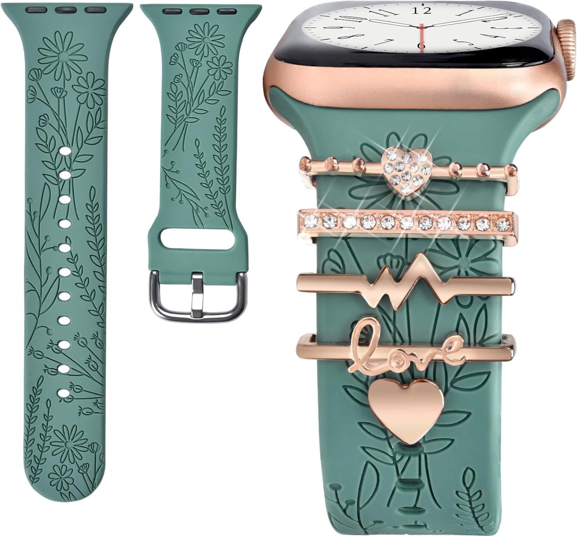 Watch Band Charms (Band Included), Compatible with Apple Watch Band 38mm 40mm 41mm, Floral Engraved Silicone Straps & Decorative Rings Accessories for iWatch Series se 10 9 8 7 6 5 4 3 2 1 Watch Band Charms (Band Included), Compatible with Apple Watch Band 38mm 40mm 41mm, Floral Engraved Silicone Straps & Decorative Rings Accessories for iWatch Series se 10 9 8 7 6 5 4 3 2 1
