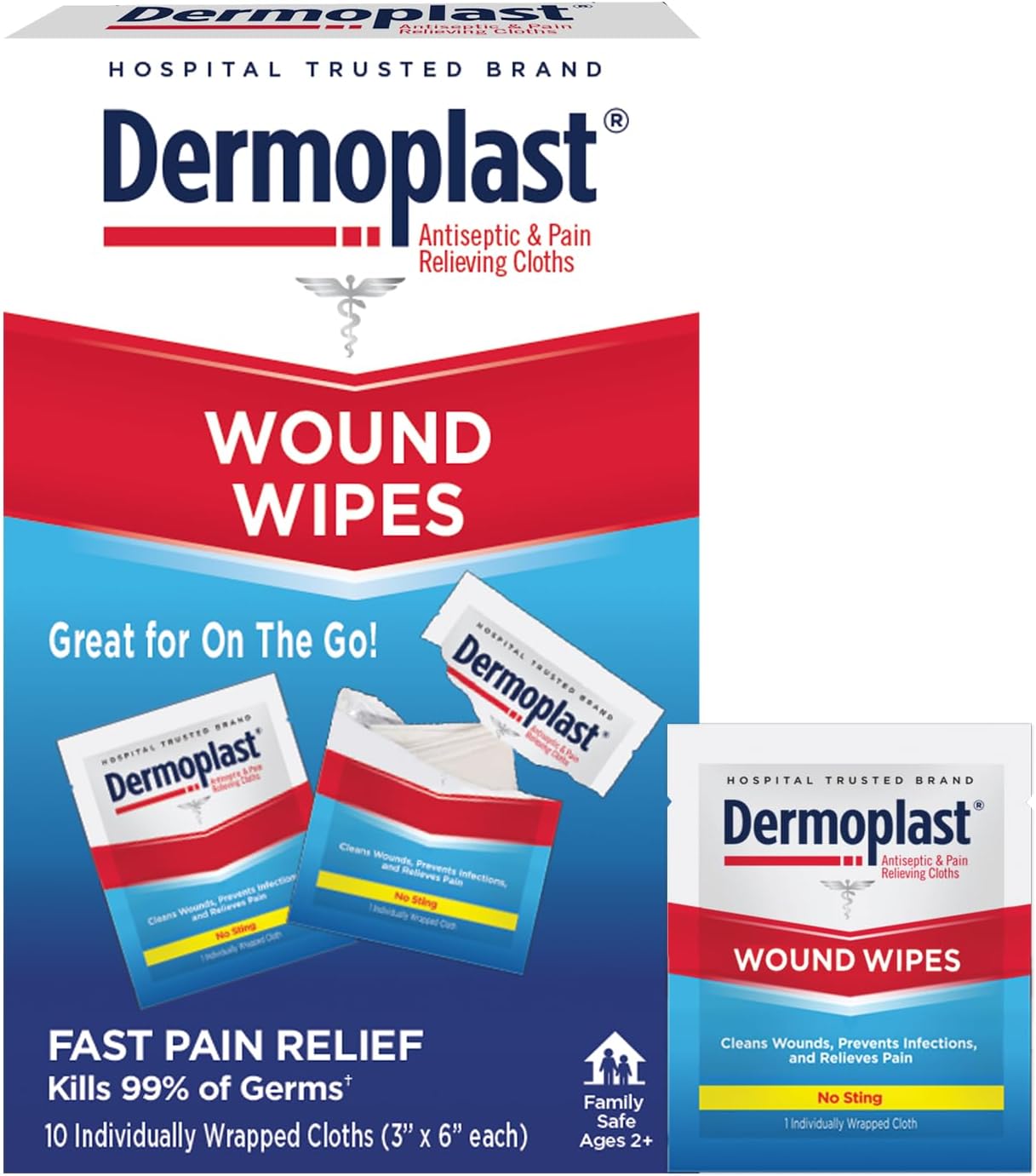 Dermoplast Wound Wipes Medicated First Aid Cloths, Analgesic & Antiseptic Wipes for Treating Minor Cuts, Scrapes and Burns on The Go, Sting Free Formula, 10 Individual Cloths (Packaging May Vary) Dermoplast Wound Wipes Medicated First Aid Cloths, Analgesic & Antiseptic Wipes for Treating Minor Cuts, Scrapes and Burns on The Go, Sting Free Formula, 10 Individual Cloths (Packaging May Vary)