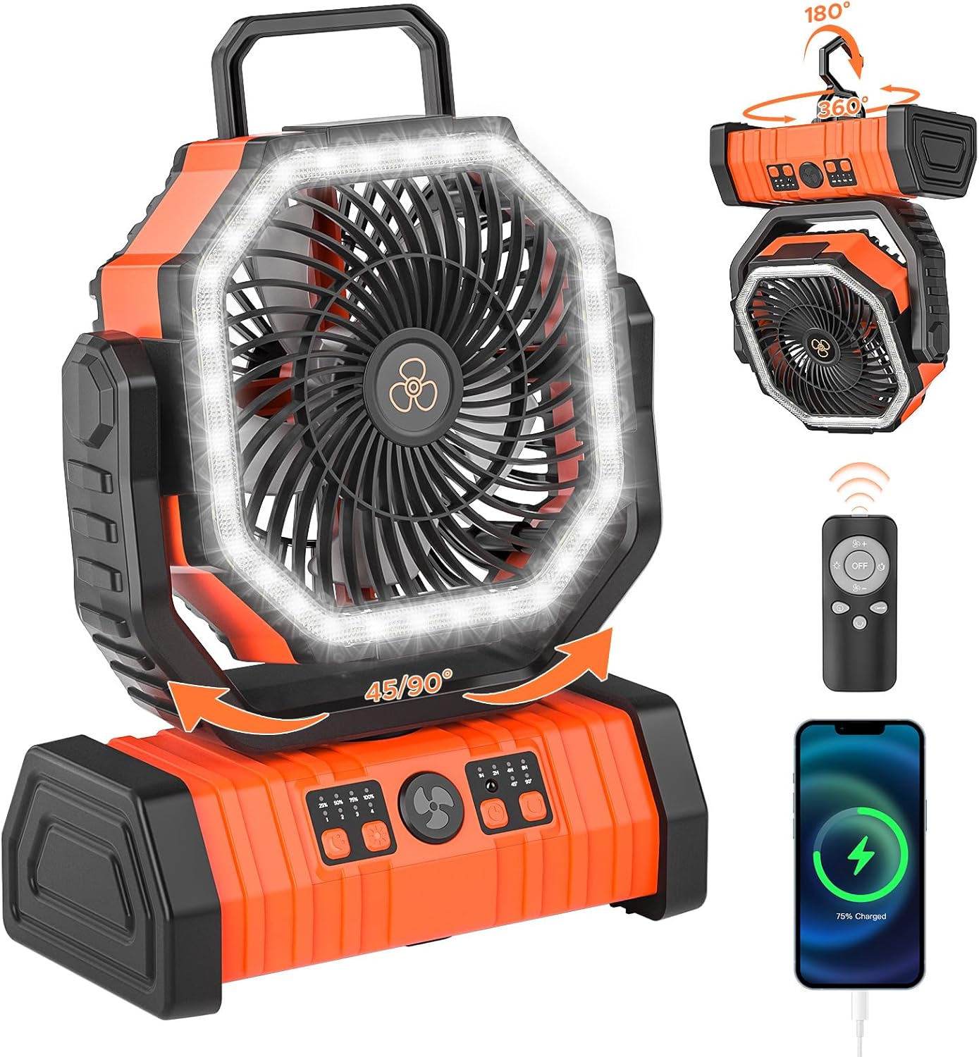 Rechargeable Camping Fan with LED Lantern, 20000mAh Auto-Oscillating Battery Operated with Remote/Hook/Timer, 8” Portable Fan for Picnic, Fishing,Tent, RV, Power Outages, Hurricane(Orange) Rechargeable Camping Fan with LED Lantern, 20000mAh Auto-Oscillating Battery Operated with Remote/Hook/Timer, 8” Portable Fan for Picnic, Fishing,Tent, RV, Power Outages, Hurricane(Orange)