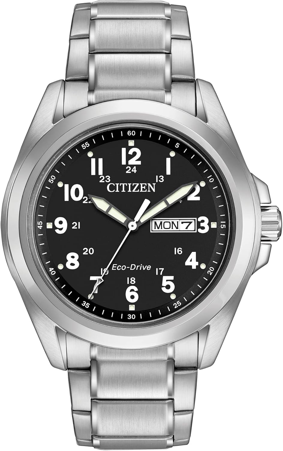 Citizen Men’s Eco-Drive Weekender Garrison Field Watch in Stainless Steel, Black Dial, Arabic Markers, Luminous, 43mm (Model: AW0050-82E) Citizen Men’s Eco-Drive Weekender Garrison Field Watch in Stainless Steel, Black Dial, Arabic Markers, Luminous, 43mm (Model: AW0050-82E)