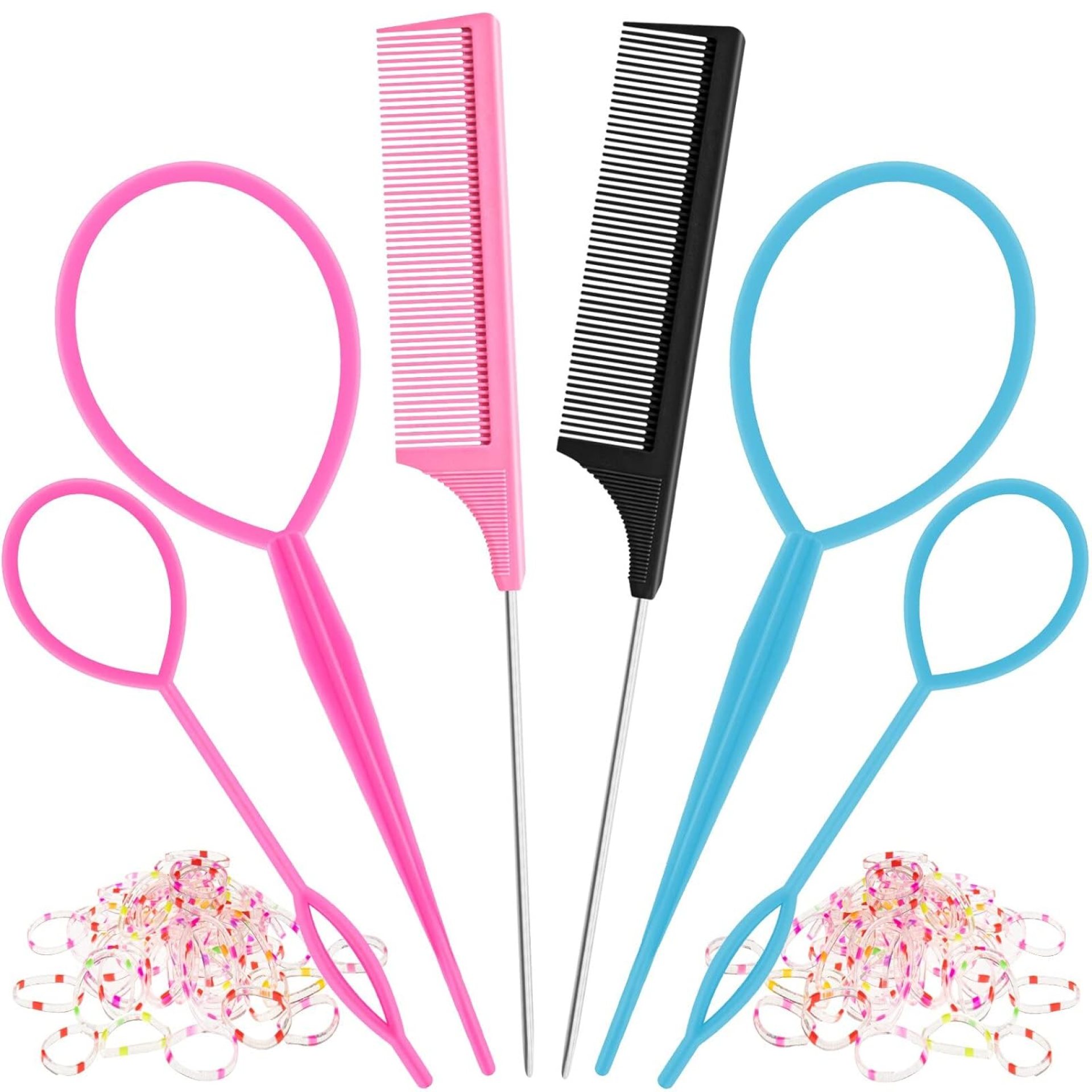 6Pcs Hair Loop Tool Set with 4 Tail Tools French Braid 2 Metal Pin Rat Comb for Styling, 100 Colored Children Rubber Bands. Schembo 6Pcs Hair Loop Tool Set with 4 Tail Tools French Braid 2 Metal Pin Rat Comb for Styling, 100 Colored Children Rubber Bands. Schembo