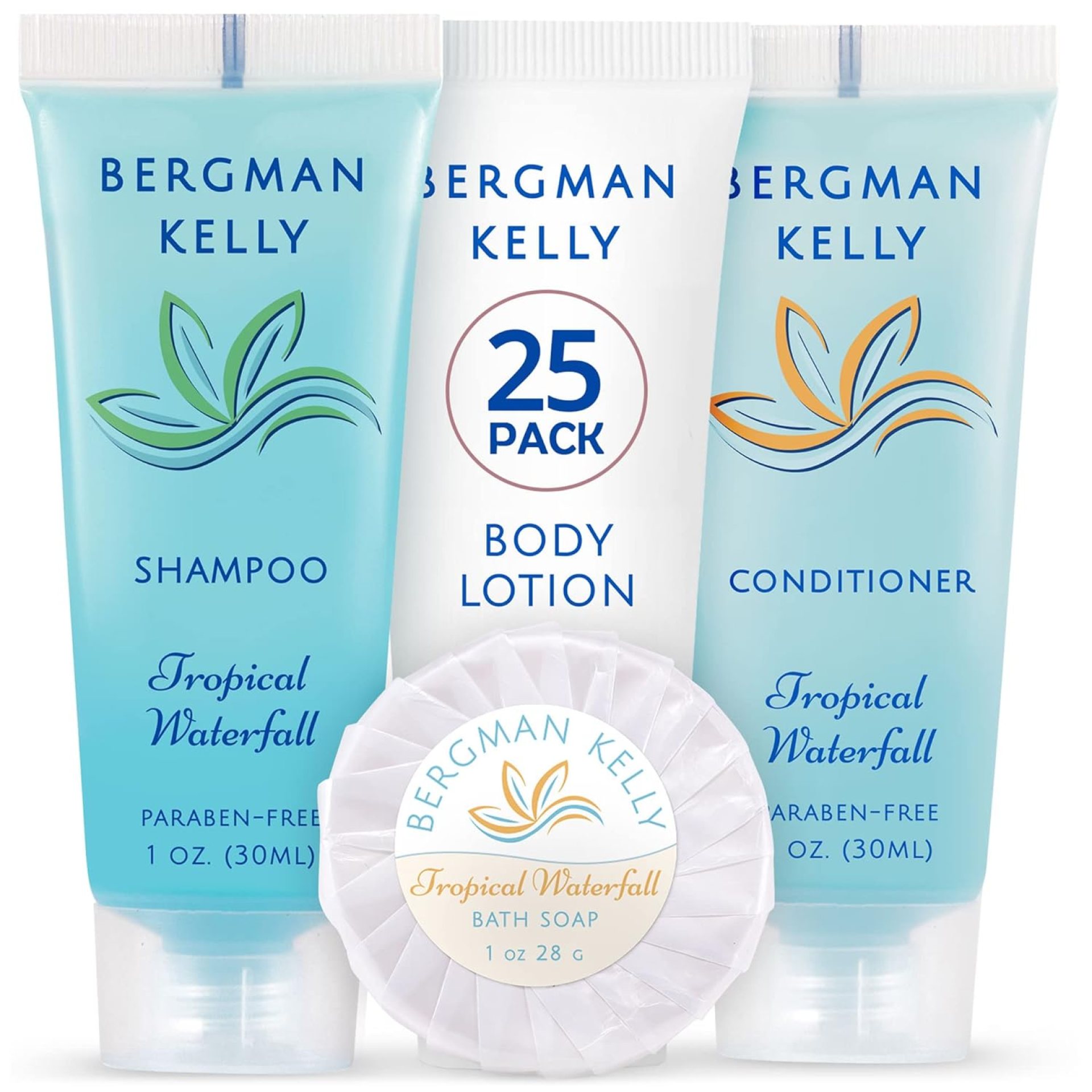 BERGMAN KELLY Hotel Toiletries Bundle (Tropical Waterfall, 1 oz each, 100 Pieces) 4-Piece Set: 25 Round Bar Soap, 25 Shampoo, 25 Conditioner & 25 Body Lotion – Bulk Mini Guest Amenities Supply BERGMAN KELLY Hotel Toiletries Bundle (Tropical Waterfall, 1 oz each, 100 Pieces) 4-Piece Set: 25 Round Bar Soap, 25 Shampoo, 25 Conditioner & 25 Body Lotion – Bulk Mini Guest Amenities Supply