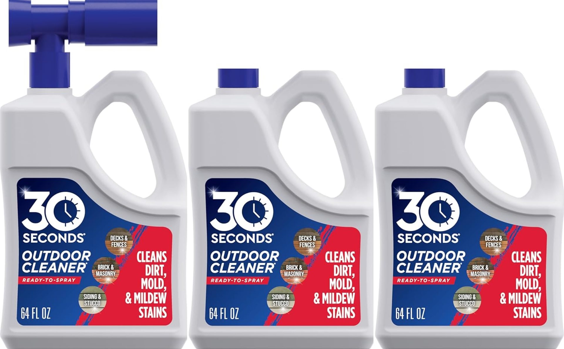 30 Seconds Outdoor Cleaner | Cleans Moss & Algae Stains from House, Vinyl Siding, Deck, Patio, Fence – 3 Capped Bottles, 1 Hose End Spray Attachment (64 Fl Oz (Pack of 3) 30 Seconds Outdoor Cleaner | Cleans Moss & Algae Stains from House, Vinyl Siding, Deck, Patio, Fence – 3 Capped Bottles, 1 Hose End Spray Attachment (64 Fl Oz (Pack of 3)