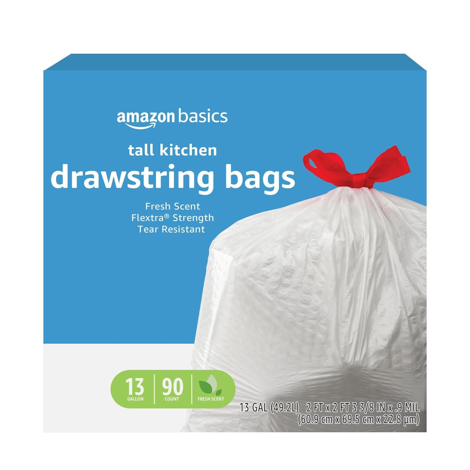 Amazon Basics Flextra Tall Kitchen Drawstring Trash Bags, Fresh Scent, 13 Gallon, 90 Count Amazon Basics Flextra Tall Kitchen Drawstring Trash Bags, Fresh Scent, 13 Gallon, 90 Count