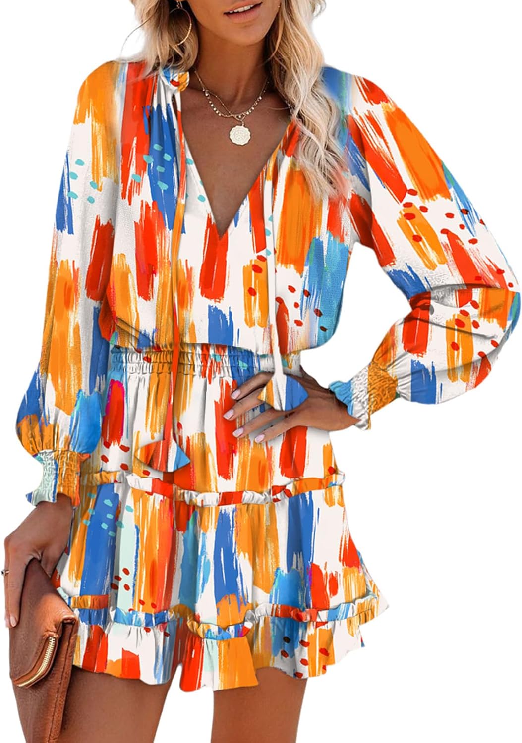 Dokotoo Spring Dresses for 2025 Boho Floral Drawstring V Neck Smocked Long Sleeve Ruffle Tiered Chiffon Mini Short Dress Dokotoo Spring Dresses for 2025 Boho Floral Drawstring V Neck Smocked Long Sleeve Ruffle Tiered Chiffon Mini Short Dress