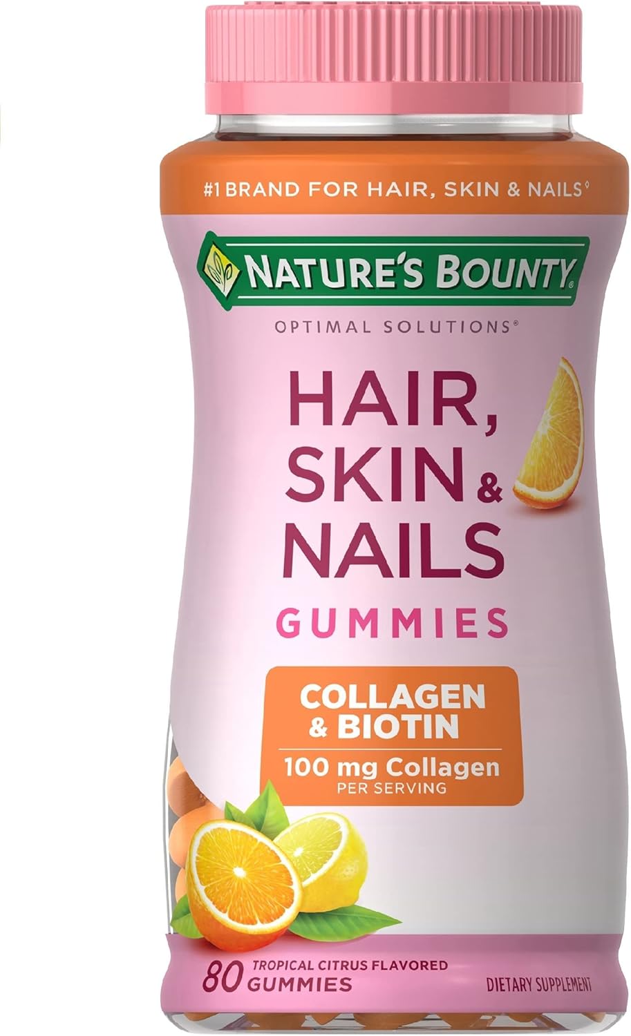 Nature’s Bounty Optimal Solutions Hair, Skin & Nails with Biotin and Collagen, Citrus-Flavored Gummies Vitamin Supplement, 2500 mcg, 80 Ct Nature’s Bounty Optimal Solutions Hair, Skin & Nails with Biotin and Collagen, Citrus-Flavored Gummies Vitamin Supplement, 2500 mcg, 80 Ct
