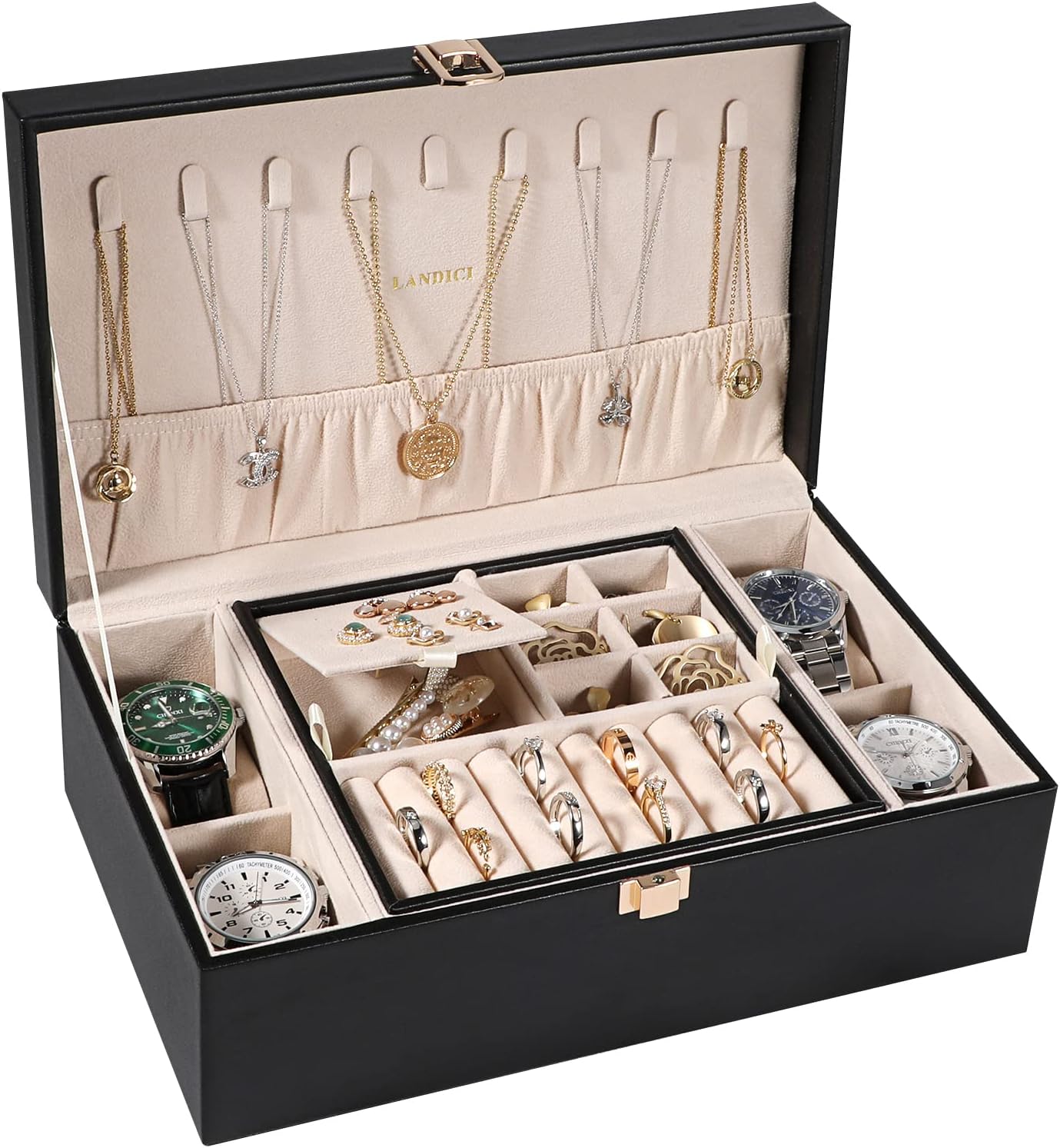 LANDICI Jewelry Box Organizer for Men Women, 2 Layer 4 Slot Watch Storage Case with Removable Tray, PU Leather Large Jewellery Holder Display for Watches Sunglasses Rings Earrings Necklace, Black LANDICI Jewelry Box Organizer for Men Women, 2 Layer 4 Slot Watch Storage Case with Removable Tray, PU Leather Large Jewellery Holder Display for Watches Sunglasses Rings Earrings Necklace, Black