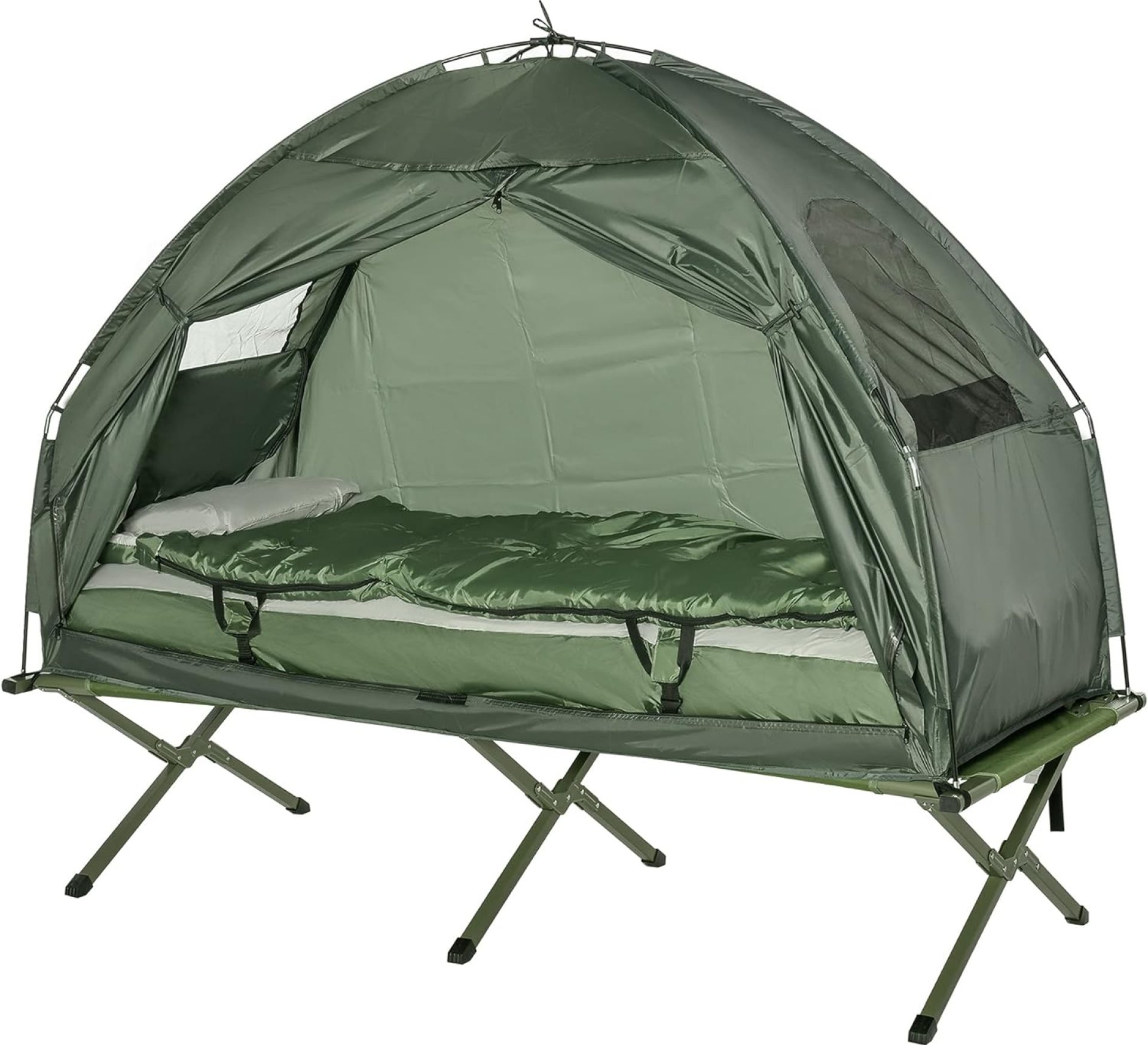 Outsunny Multifunctional Folding Camping Cots for Adults, Elevated Tent with Sleeping Bag, Thick Air Mattress Pad, Portable Single Sleeping Cot Camping Bed Outsunny Multifunctional Folding Camping Cots for Adults, Elevated Tent with Sleeping Bag, Thick Air Mattress Pad, Portable Single Sleeping Cot Camping Bed