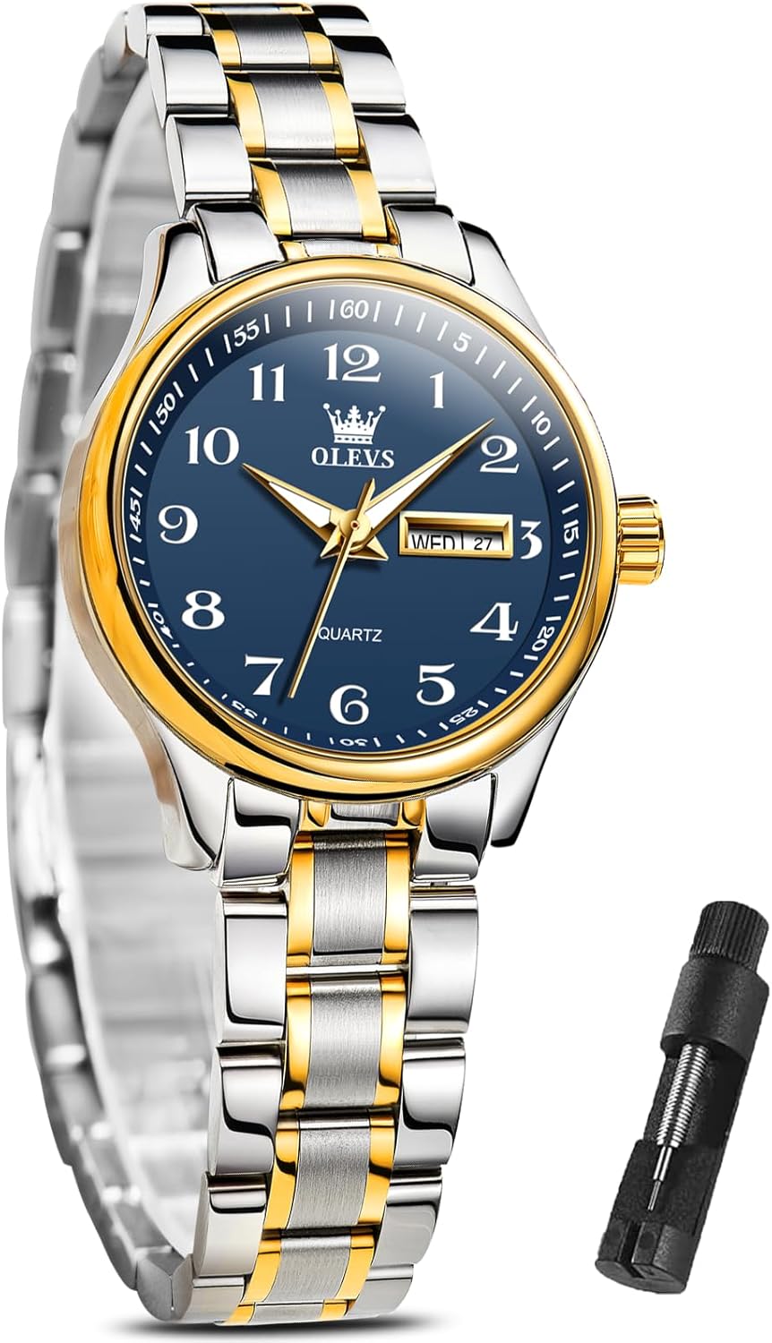 OLEVS Women Watches Date and Day,Ladies Watches with Silver Gold Stainless Steel,Elegent Female for Small Wrist Watch(White/Black/Blue/Gold Face) OLEVS Women Watches Date and Day,Ladies Watches with Silver Gold Stainless Steel,Elegent Female for Small Wrist Watch(White/Black/Blue/Gold Face)