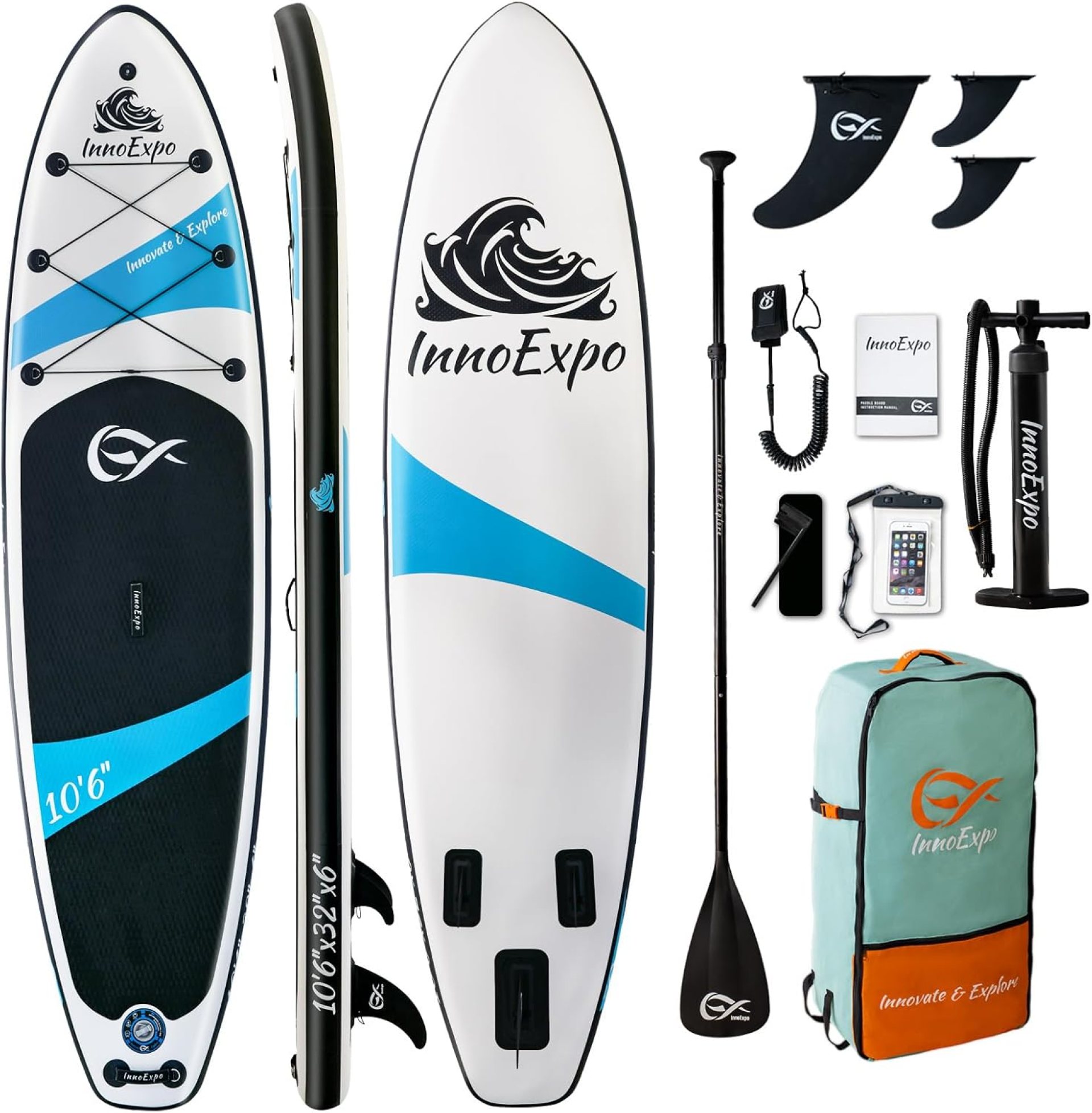 InnoExpo Inflatable Stand Up Paddle Boards with Premium Accessories, Wide Stable SUP Paddle Board Design, Non-Slip Comfort Deck for Youth & Adults InnoExpo Inflatable Stand Up Paddle Boards with Premium Accessories, Wide Stable SUP Paddle Board Design, Non-Slip Comfort Deck for Youth & Adults