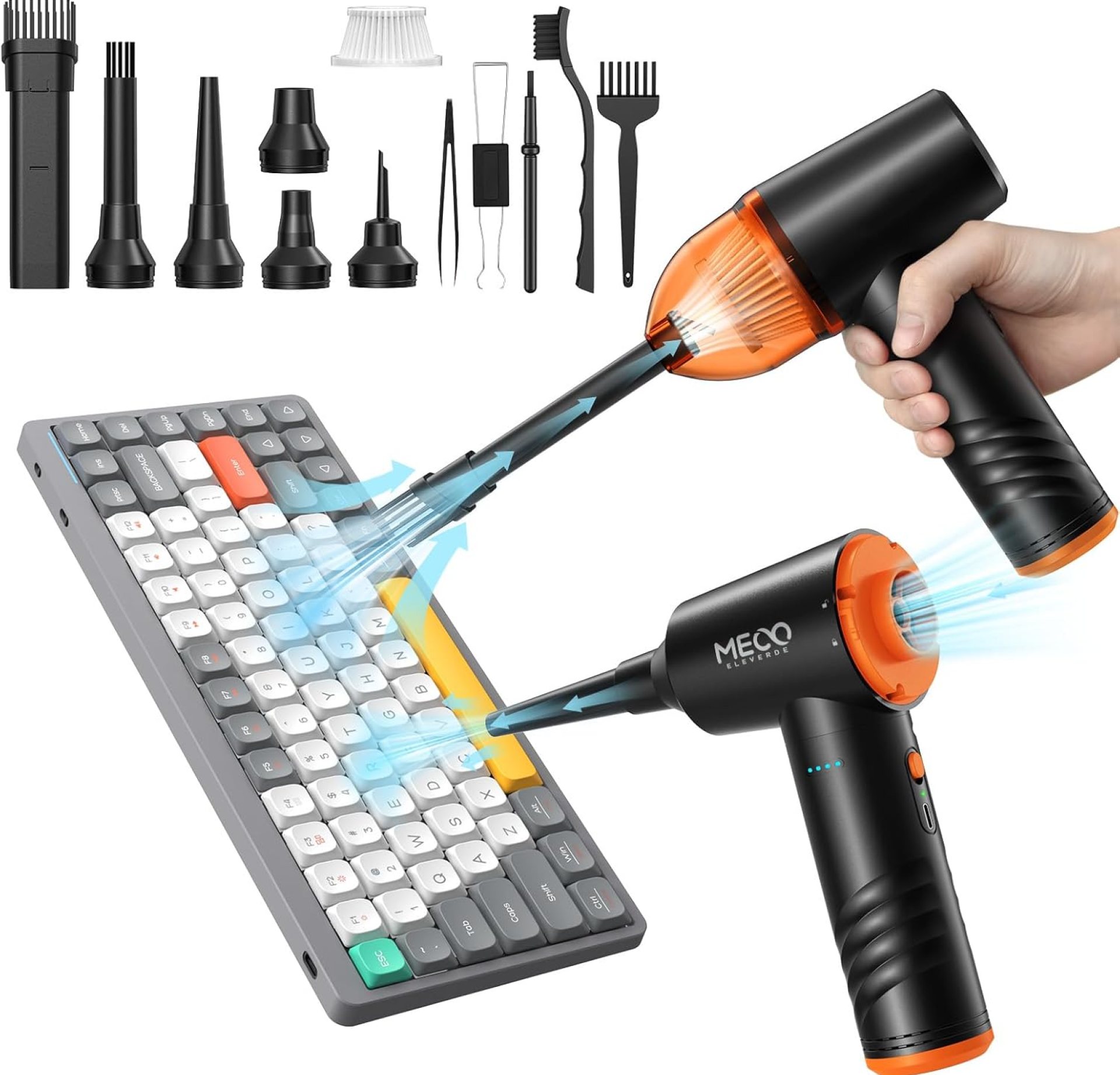 Compressed Air Duster & Mini Vacuum Cleaner 4in1, MECO 3 Gear 110000RPM Electric Air Blower, 13000PA Keyboard Cleaner, Handheld Vacuum Cordless Air Duster for PC/Computer/Keyboard/Sofa/Car (Orange) Compressed Air Duster & Mini Vacuum Cleaner 4in1, MECO 3 Gear 110000RPM Electric Air Blower, 13000PA Keyboard Cleaner, Handheld Vacuum Cordless Air Duster for PC/Computer/Keyboard/Sofa/Car (Orange)