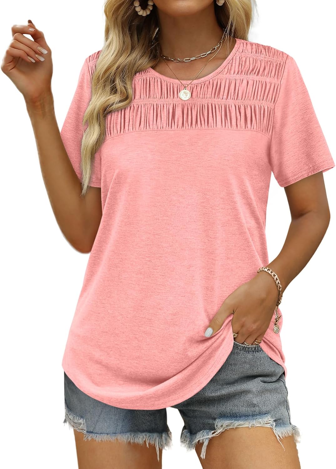 OFEEFAN Women’s Summer Tops 2025 Trendy Short Sleeve Shirts Smocked Crewneck Tee OFEEFAN Women’s Summer Tops 2025 Trendy Short Sleeve Shirts Smocked Crewneck Tee