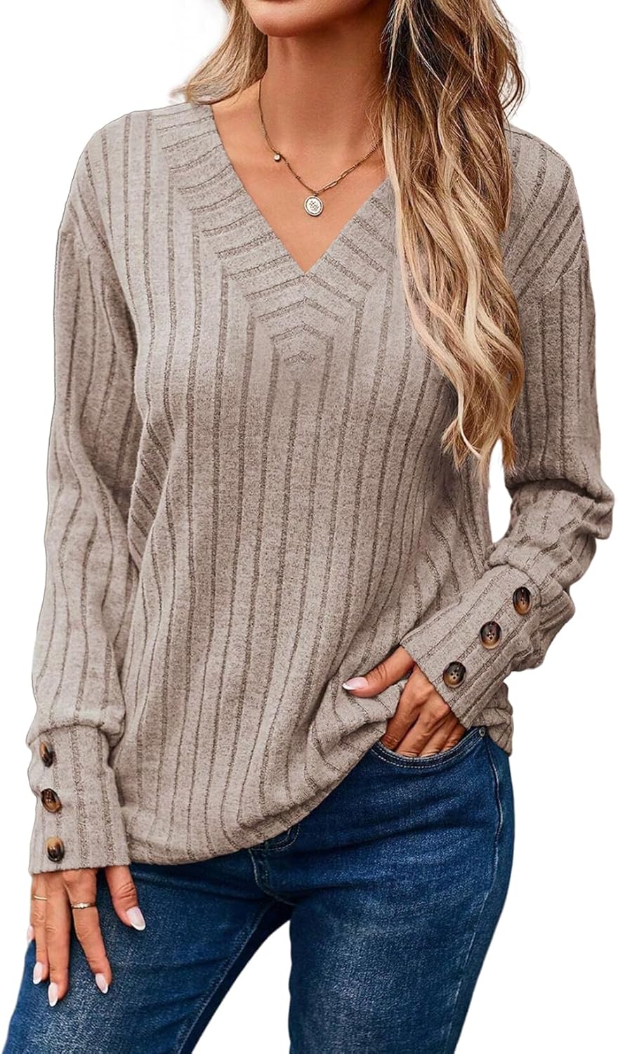 Dokotoo Womens Soft Long Sleeve V Neck Shirts Solid Casual Decorative Buttons Knitted Pullover Tunic Tops Dokotoo Womens Soft Long Sleeve V Neck Shirts Solid Casual Decorative Buttons Knitted Pullover Tunic Tops